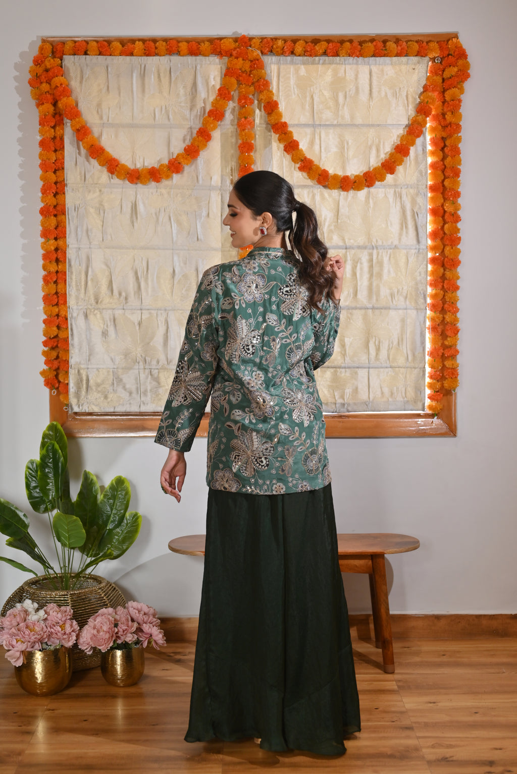 Festive Green Zari Kurta Sharara Set
