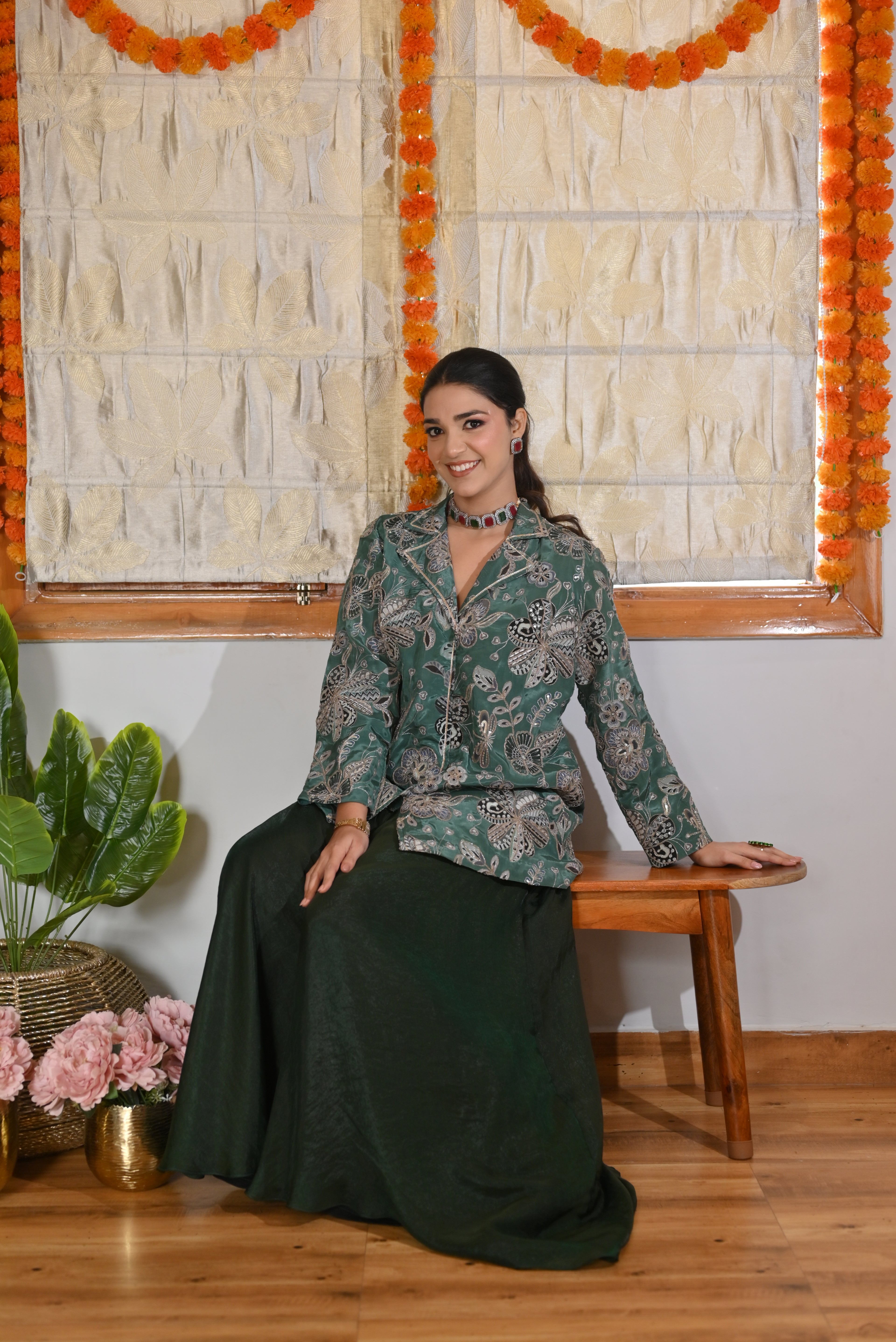 Festive Green Zari Kurta Sharara Set