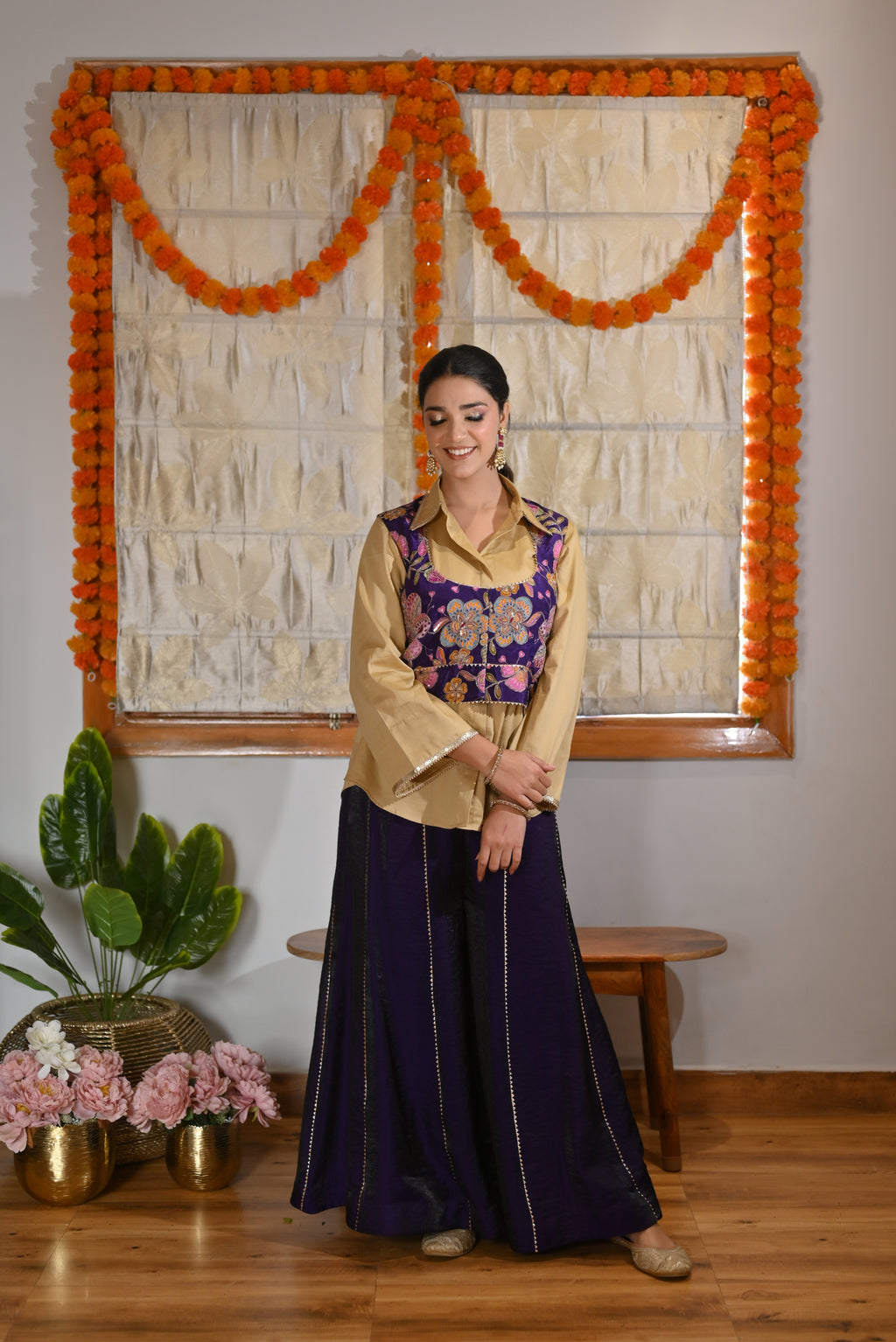 Shirt, Jacket & Sharara Three-Piece Set – Purple & Floral