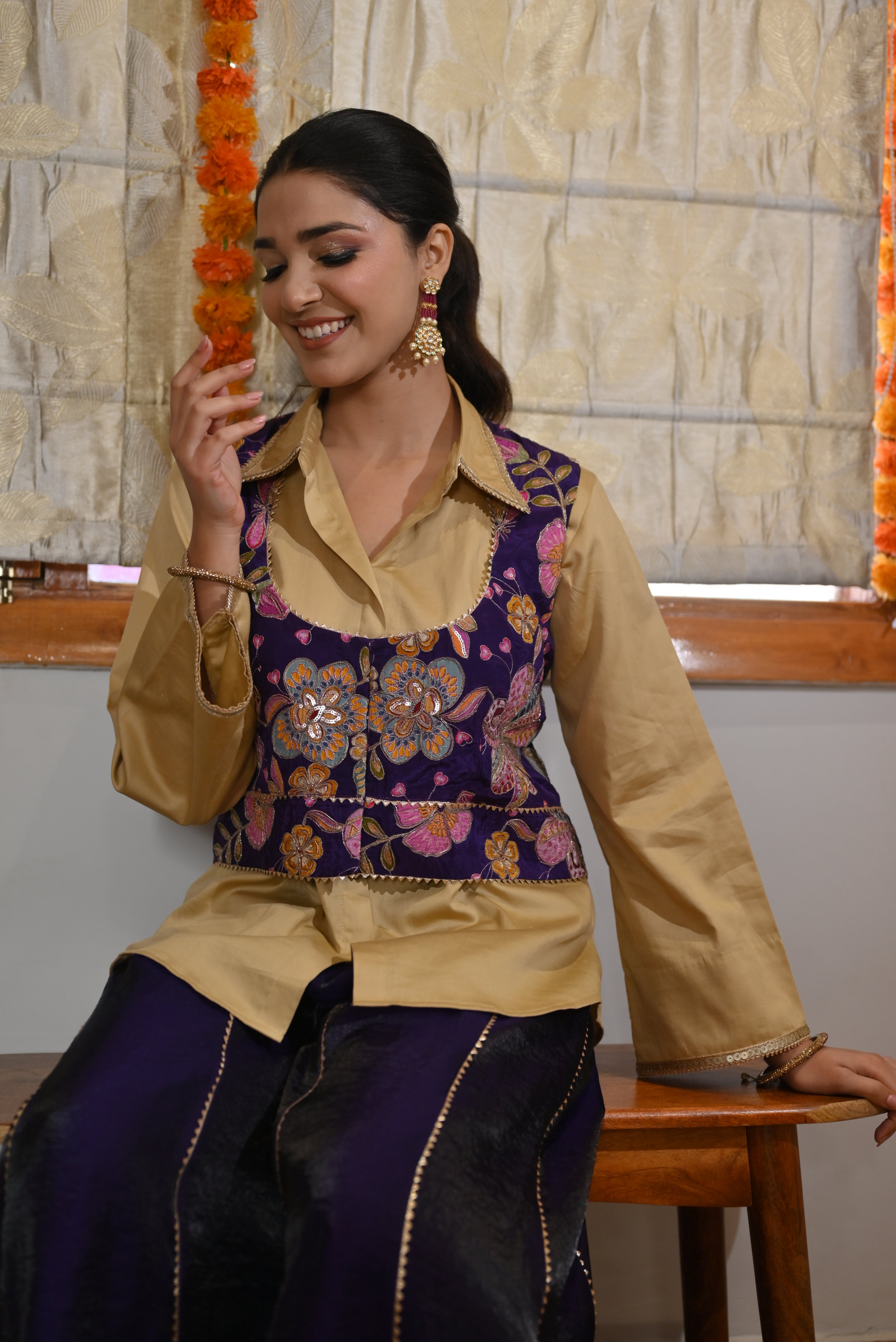 Shirt, Jacket & Sharara Three-Piece Set – Purple & Floral