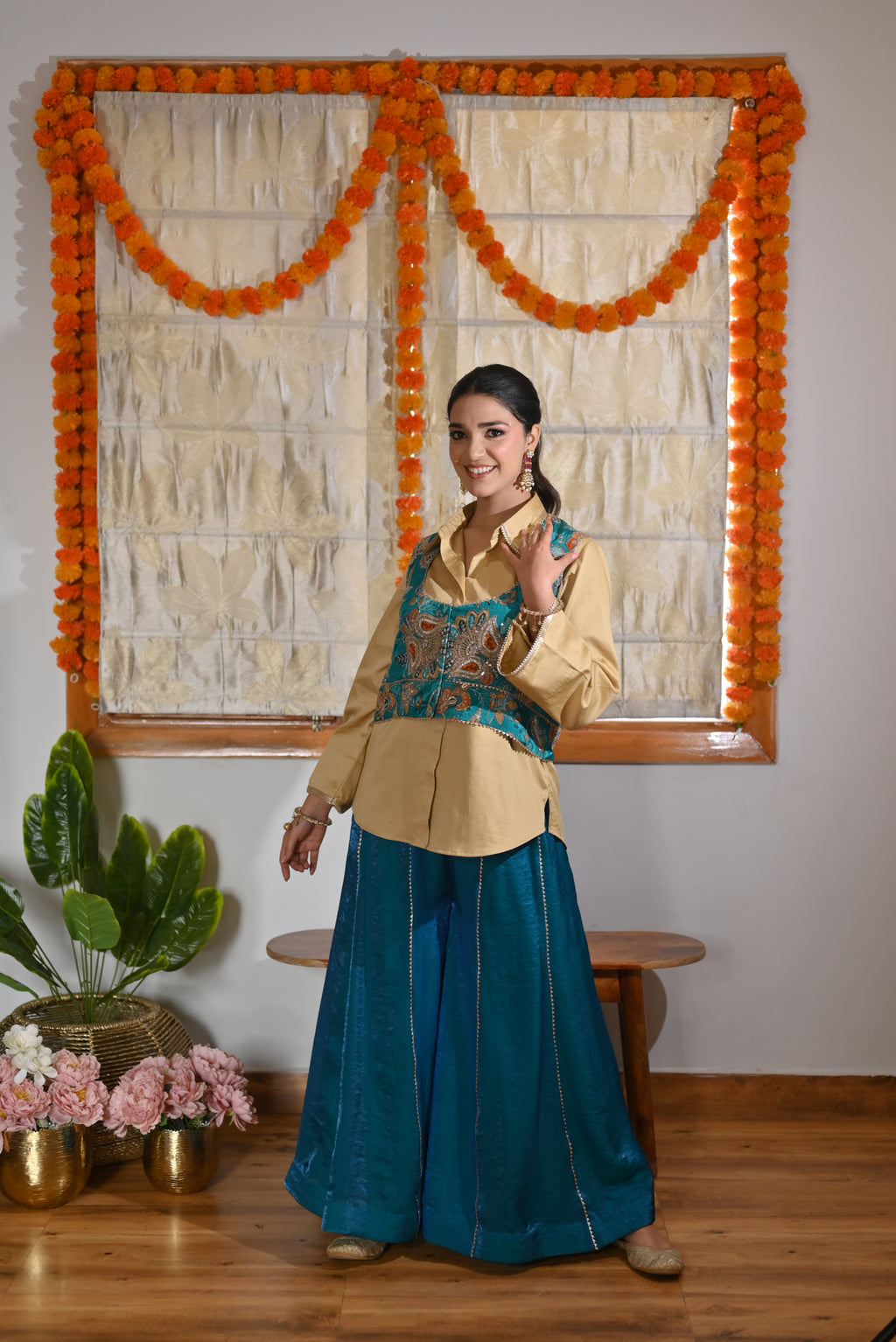 Shirt, Jacket & Sharara Three-Piece Set – Teal & Gold