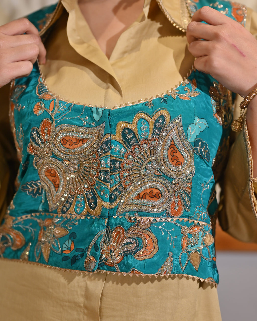 Shirt, Jacket & Sharara Three-Piece Set – Teal & Gold