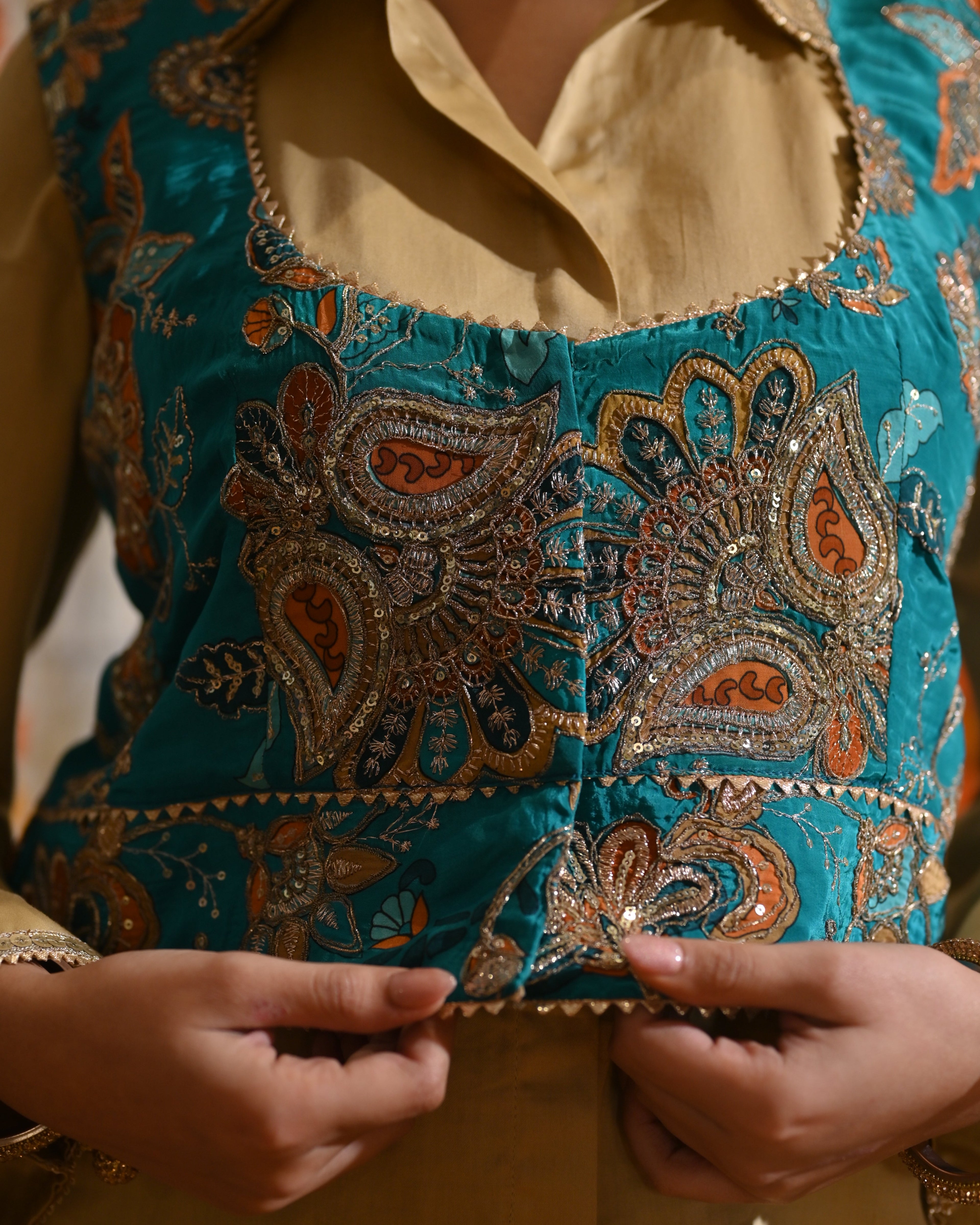 Shirt, Jacket & Sharara Three-Piece Set – Teal & Gold