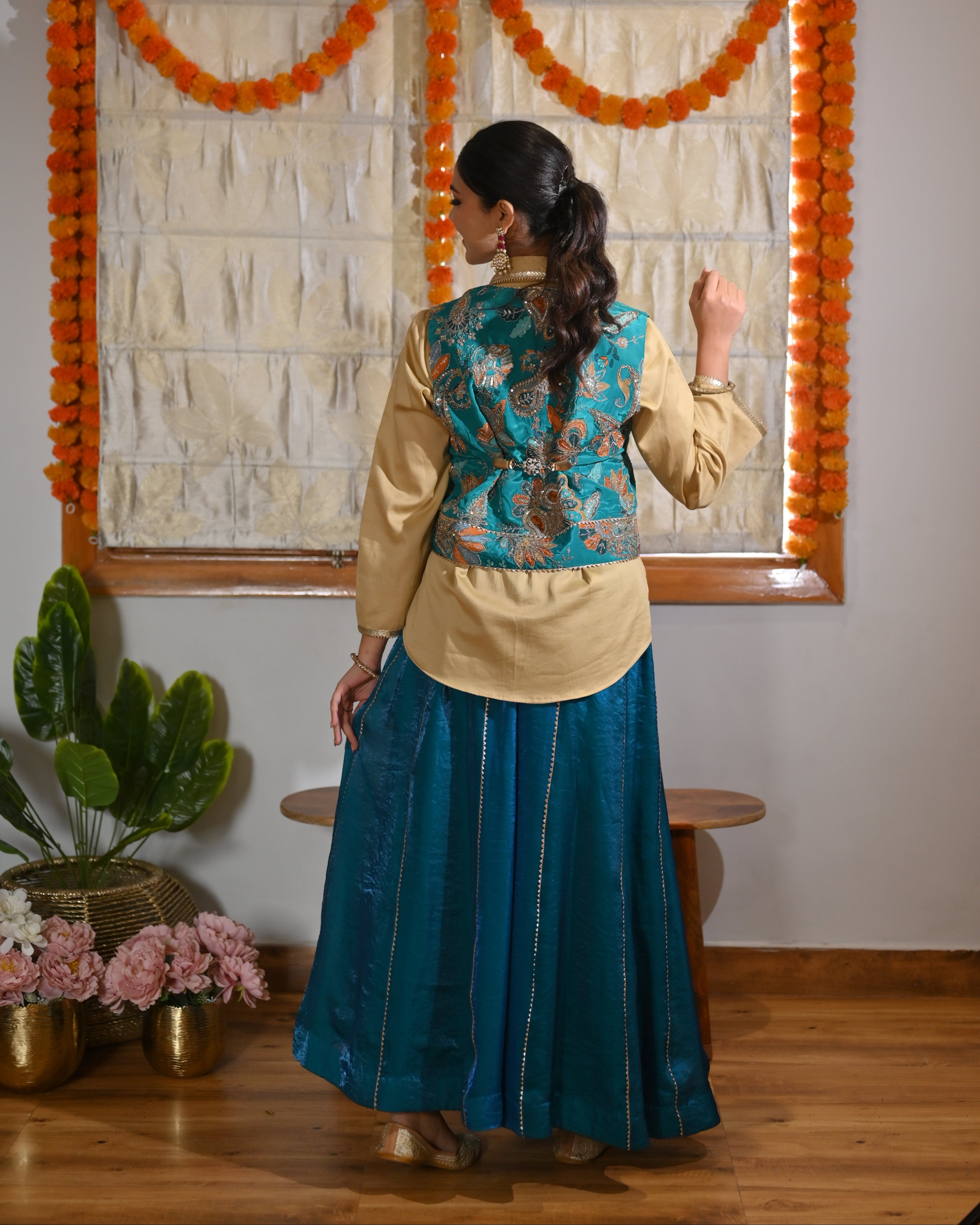 Shirt, Jacket & Sharara Three-Piece Set – Teal & Gold