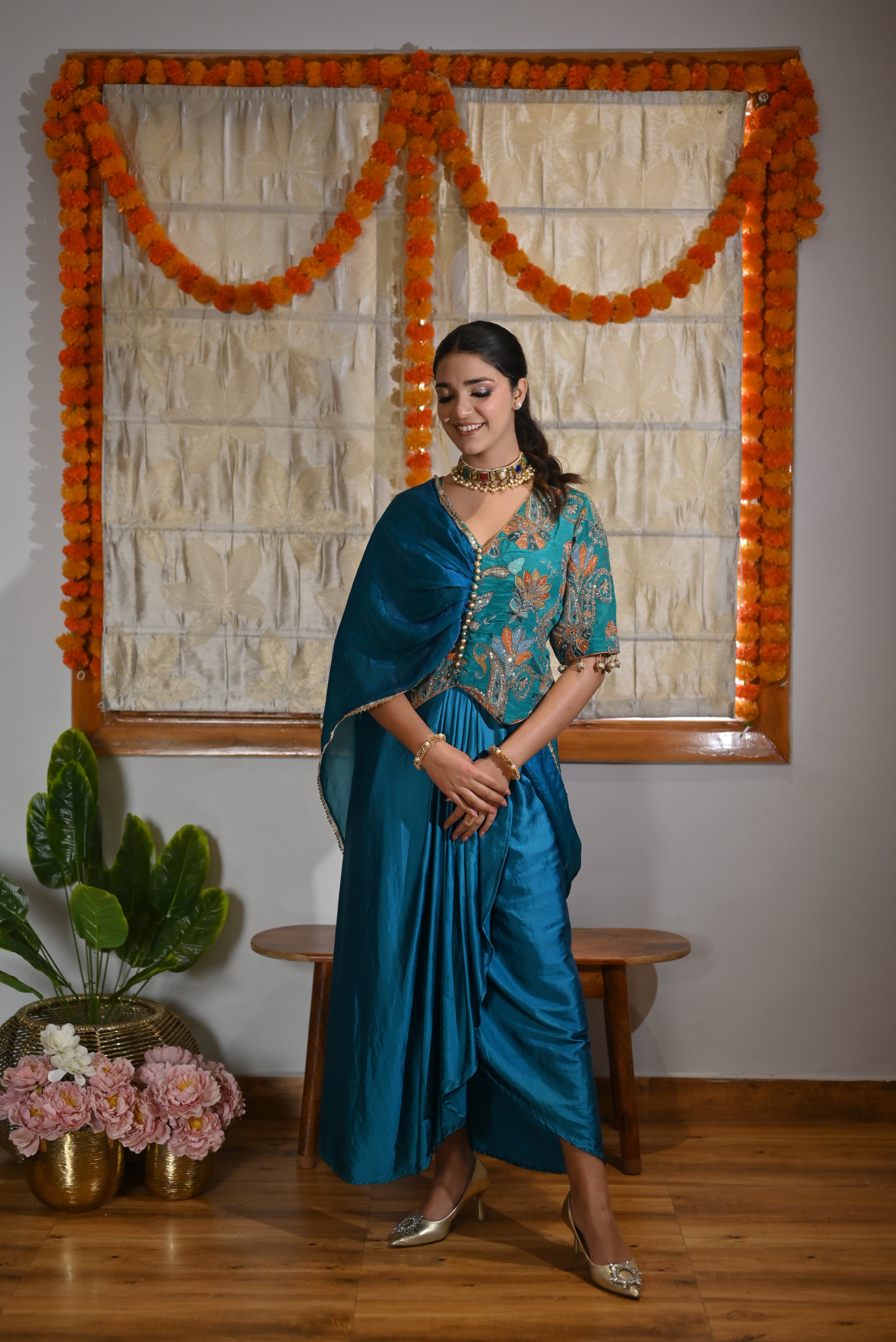 Azure Bloom Draped Skirt Set