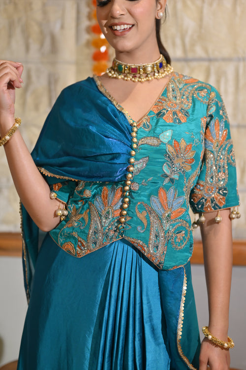 Azure Bloom Draped Skirt Set