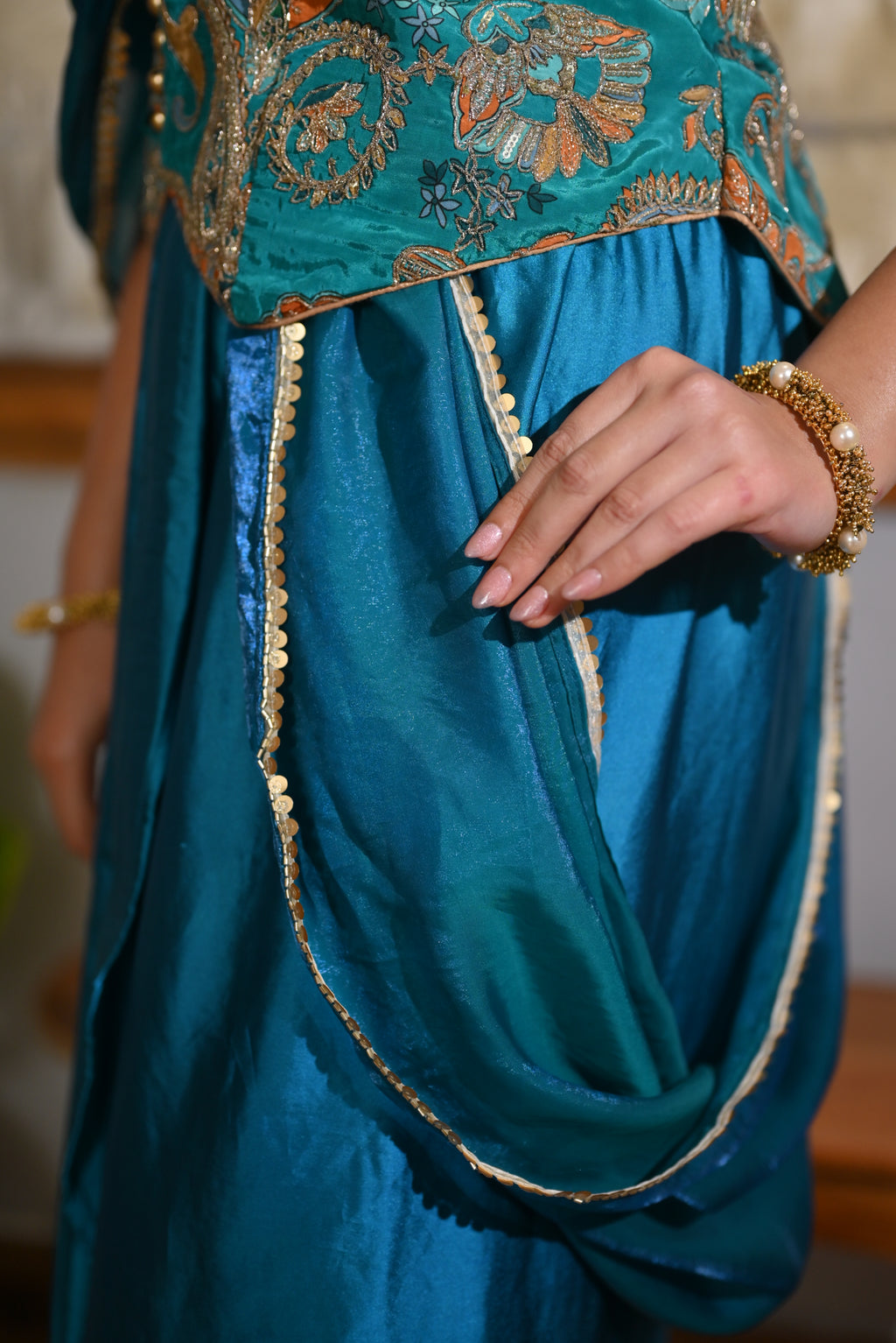 Azure Bloom Draped Skirt Set