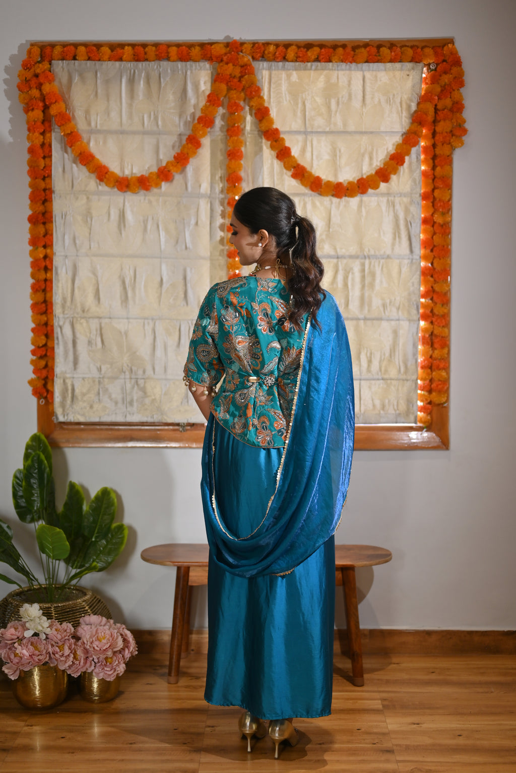 Azure Bloom Draped Skirt Set