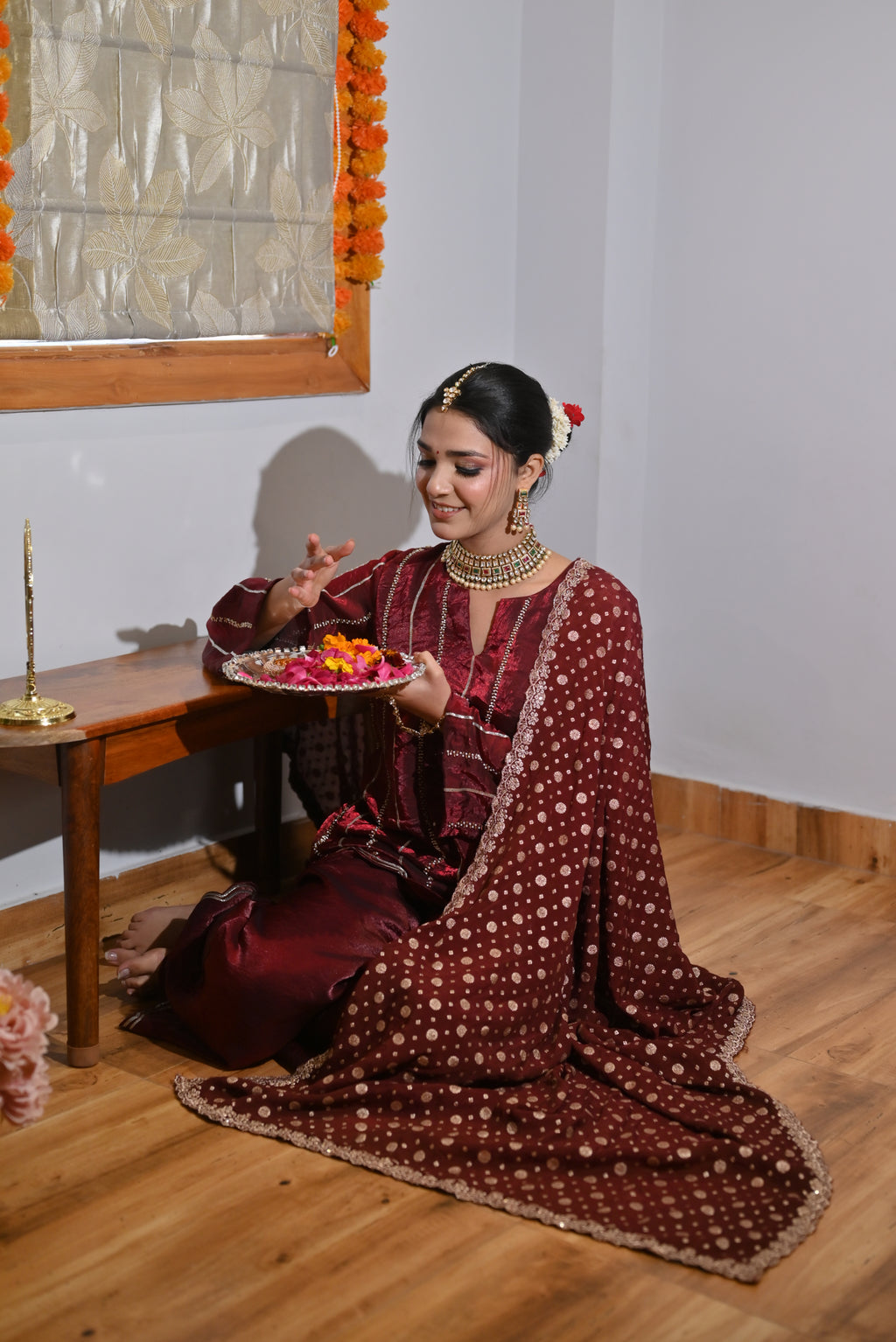 Royale Crimson Cutwork Kurta & Bellbottom Set with Banarasi Dupatta