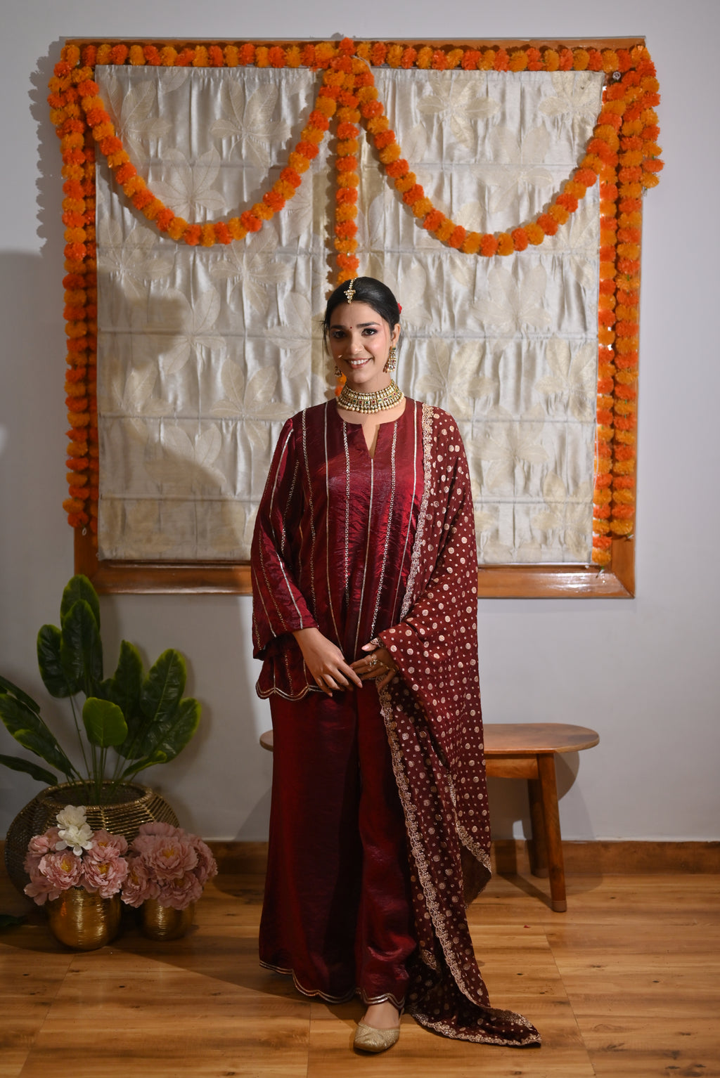 Royale Crimson Cutwork Kurta & Bellbottom Set with Banarasi Dupatta