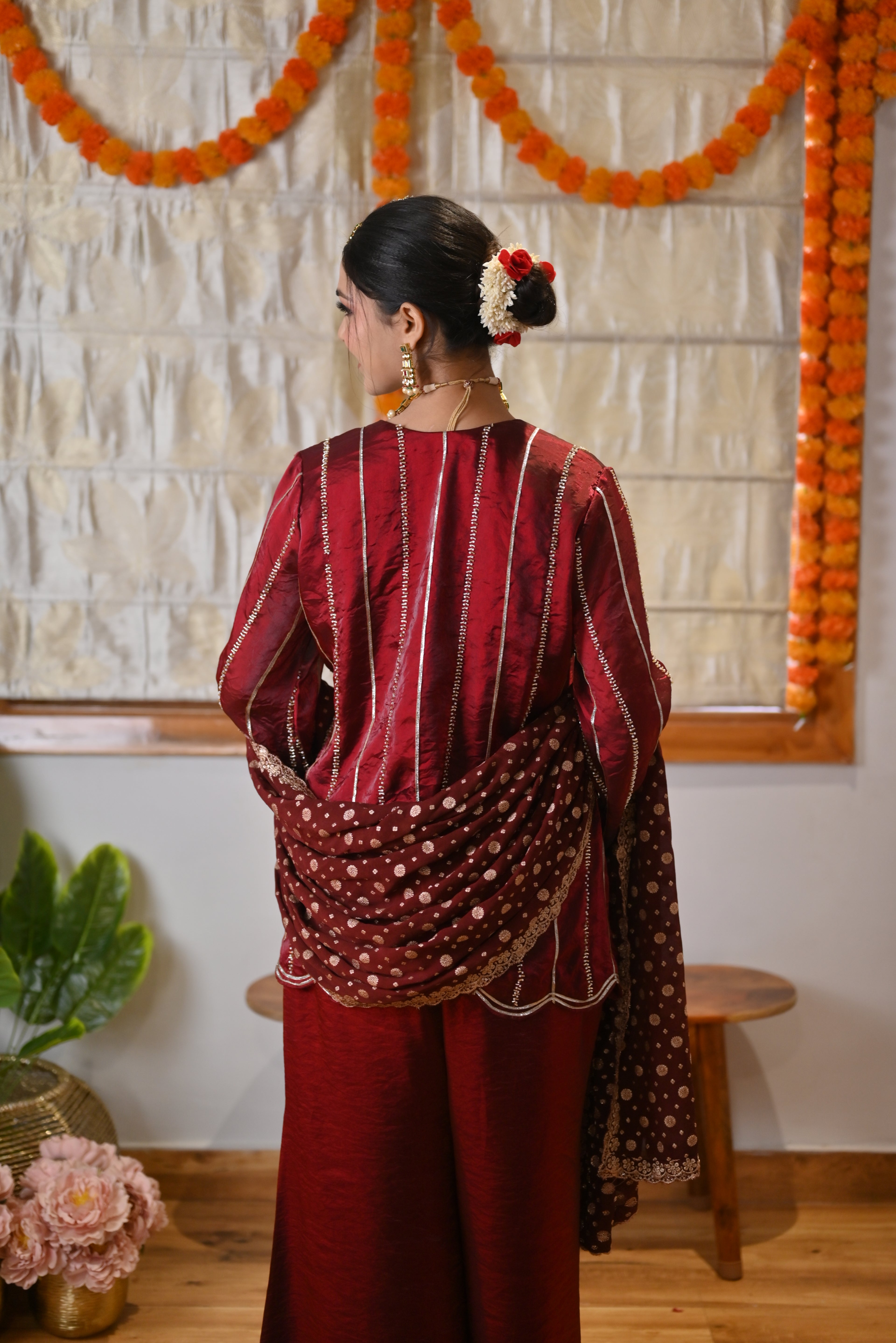Royale Crimson Cutwork Kurta & Bellbottom Set with Banarasi Dupatta