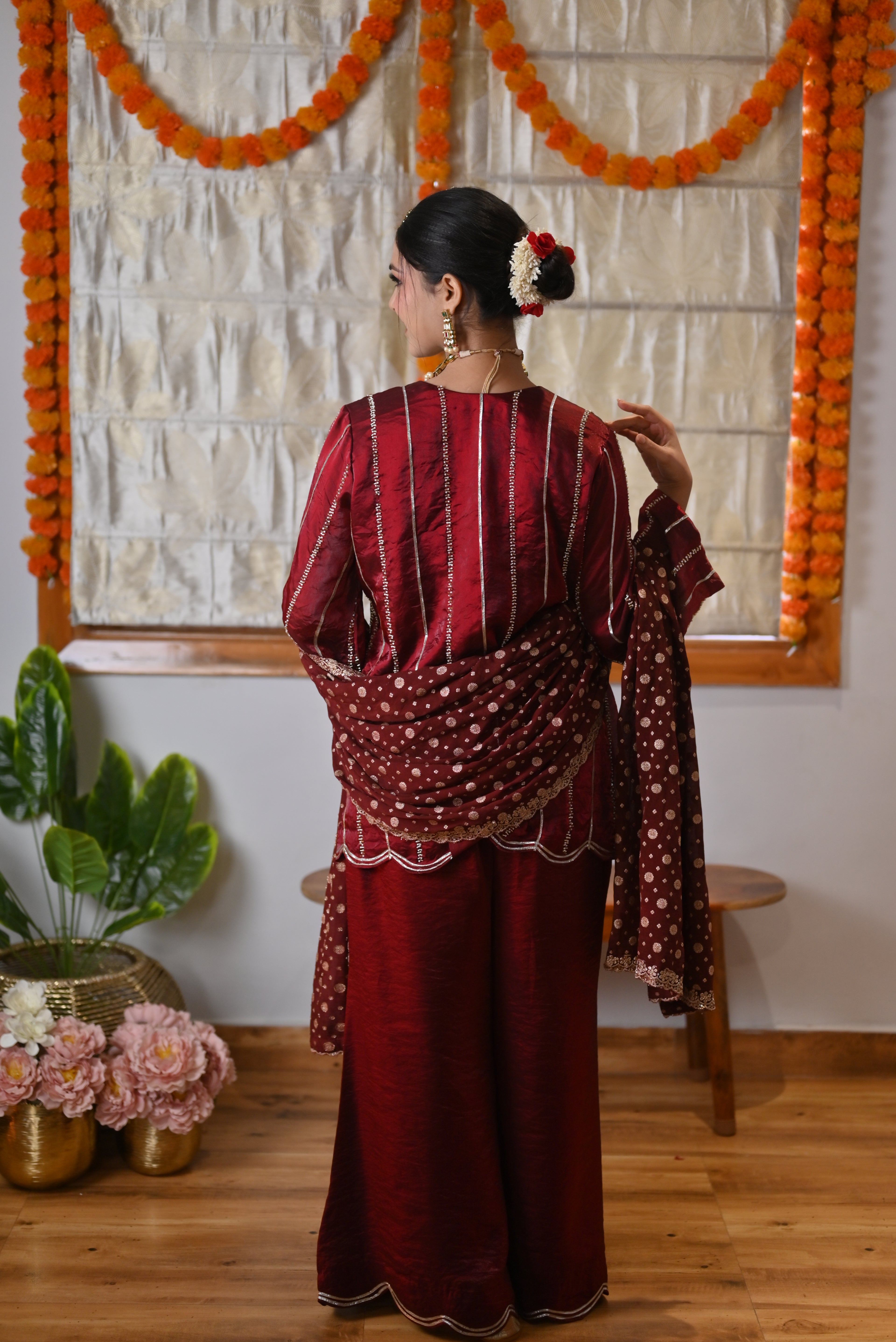 Royale Crimson Cutwork Kurta & Bellbottom Set with Banarasi Dupatta