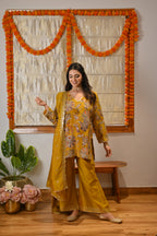 Festive Amber Yellow Zari Kurta Bellbottom Set with Cutwork Dupatta