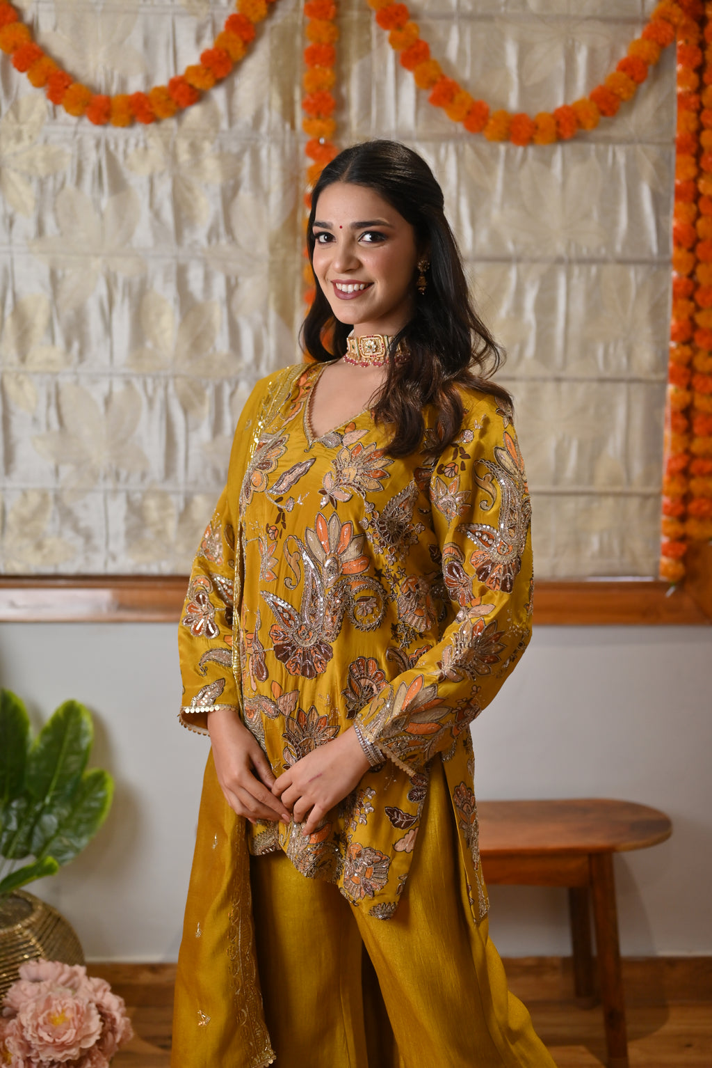Festive Amber Yellow Zari Kurta Bellbottom Set with Cutwork Dupatta