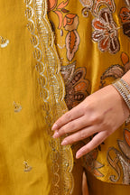 Festive Amber Yellow Zari Kurta Bellbottom Set with Cutwork Dupatta