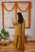 Festive Amber Yellow Zari Kurta Bellbottom Set with Cutwork Dupatta