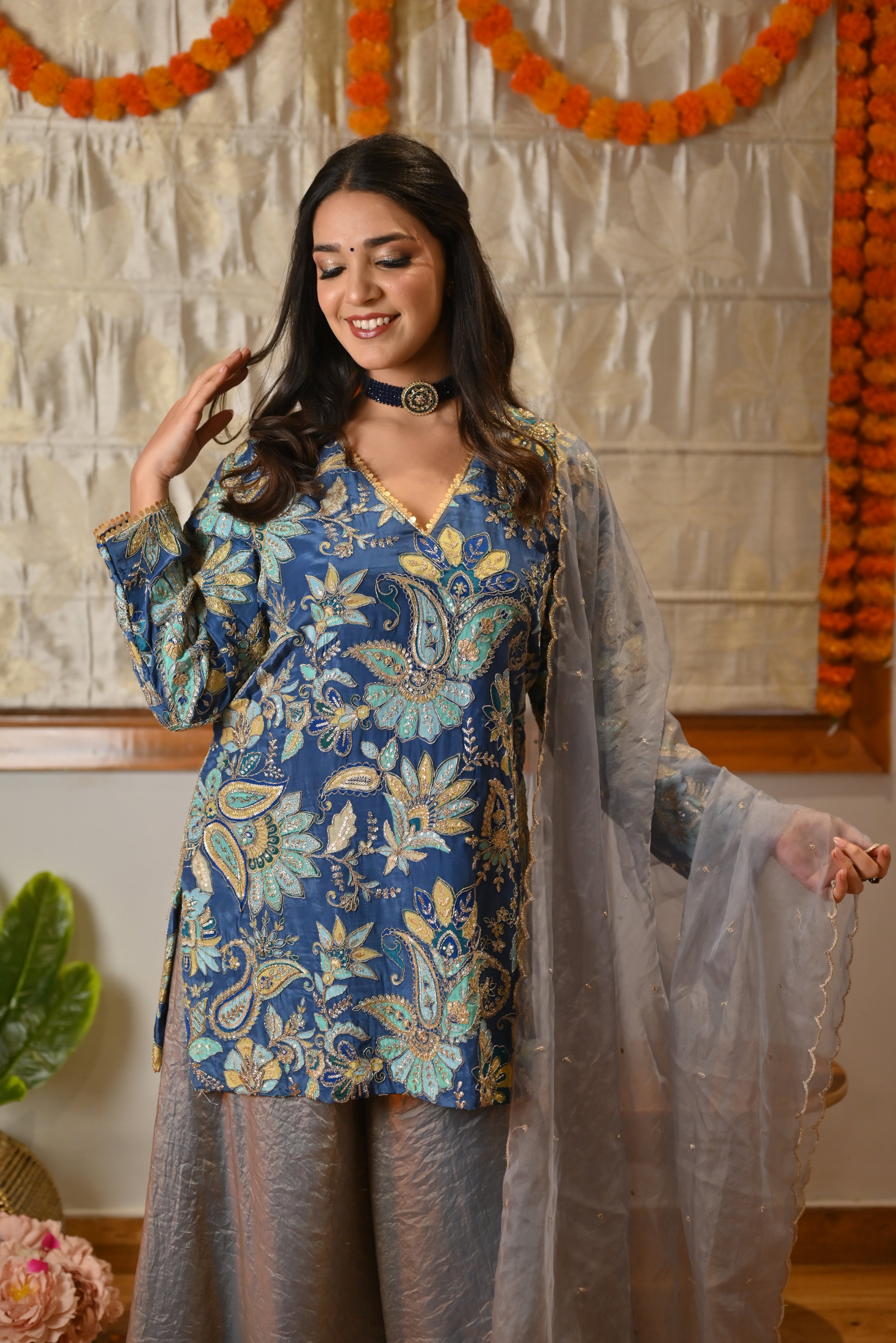 Indigo & Powder Blue Zari Kurta Sharara Set with Scalloped Organza Dupatta