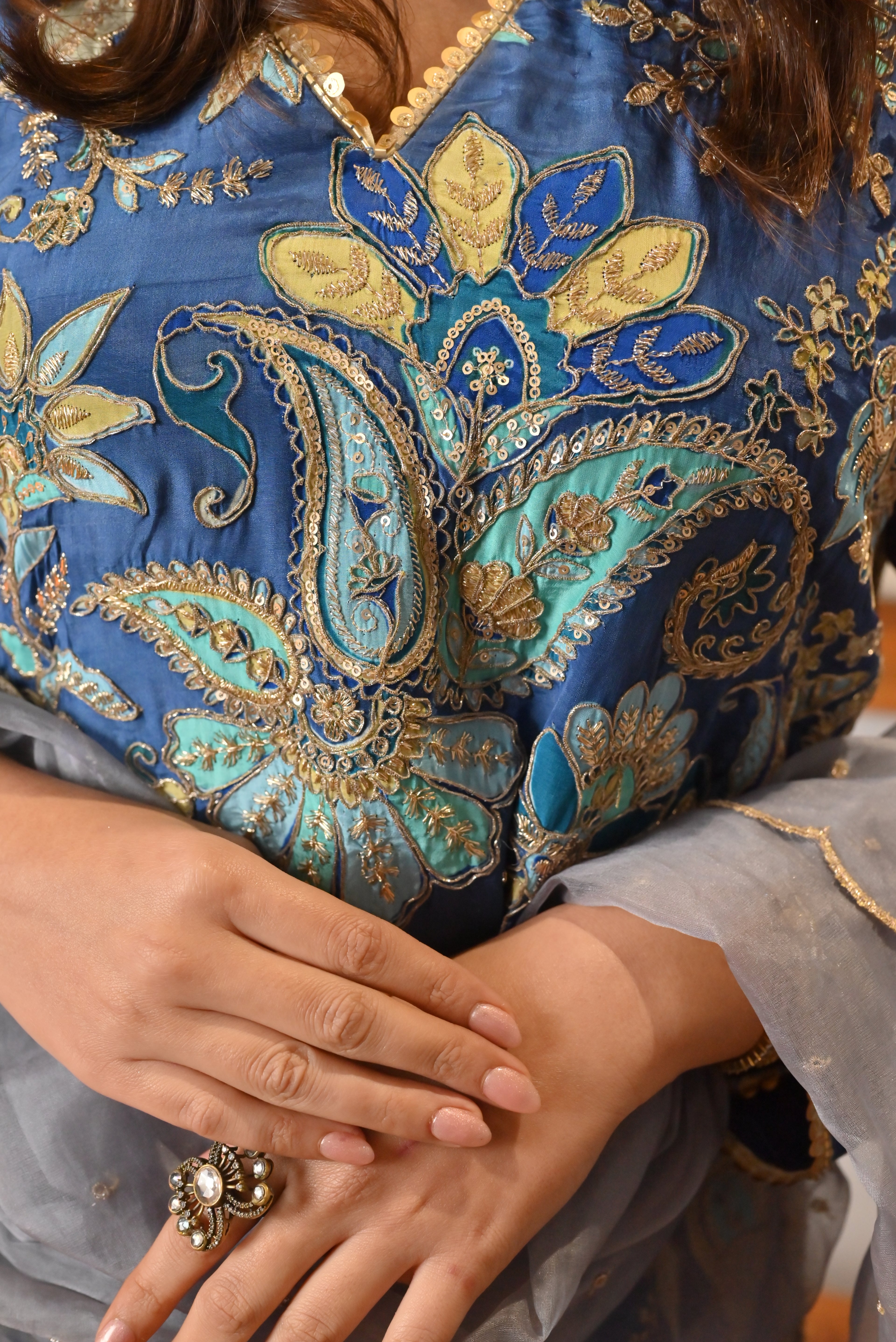 Indigo & Powder Blue Zari Kurta Sharara Set with Scalloped Organza Dupatta