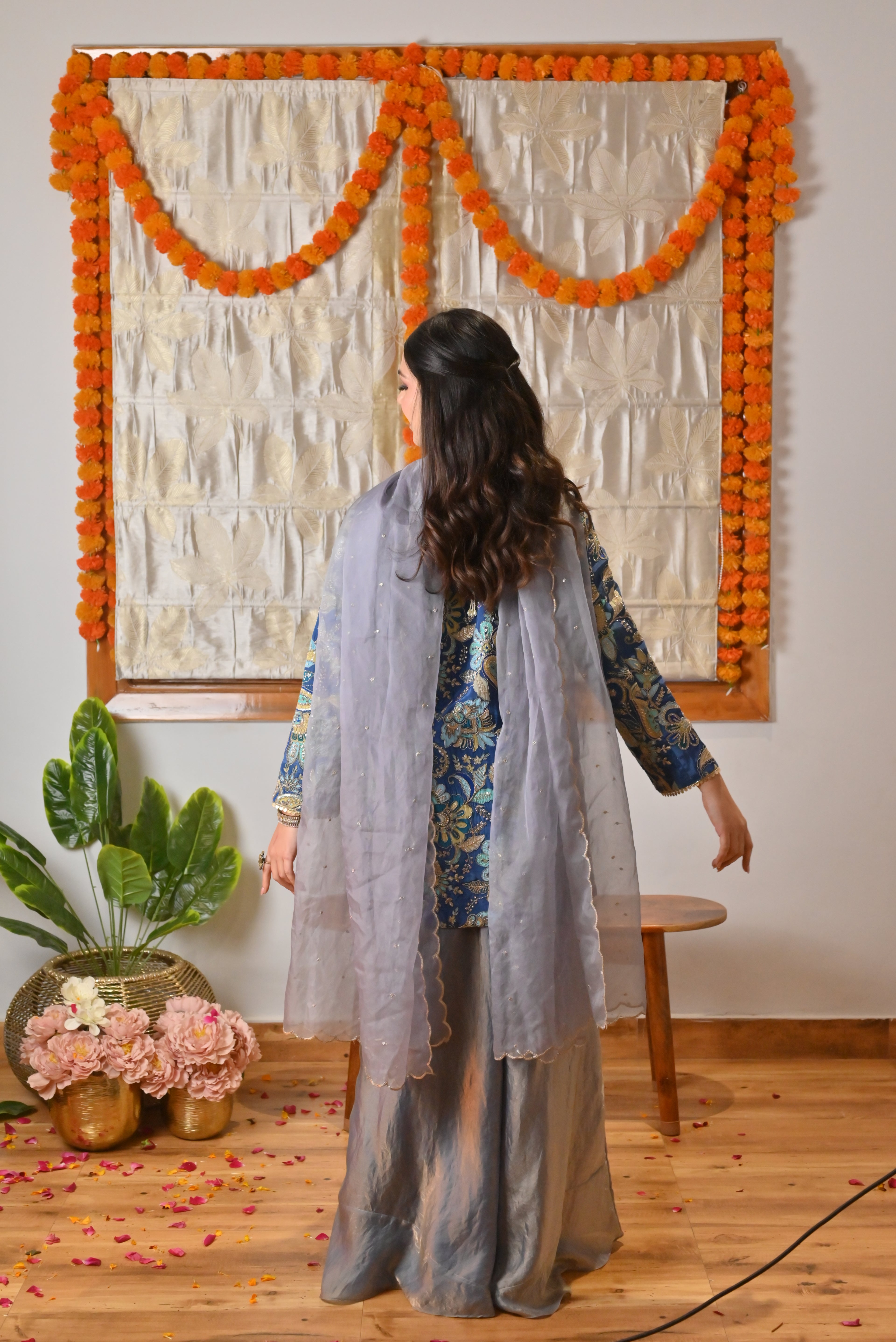 Indigo & Powder Blue Zari Kurta Sharara Set with Scalloped Organza Dupatta