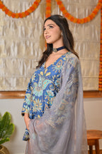 Indigo & Powder Blue Zari Kurta Sharara Set with Scalloped Organza Dupatta