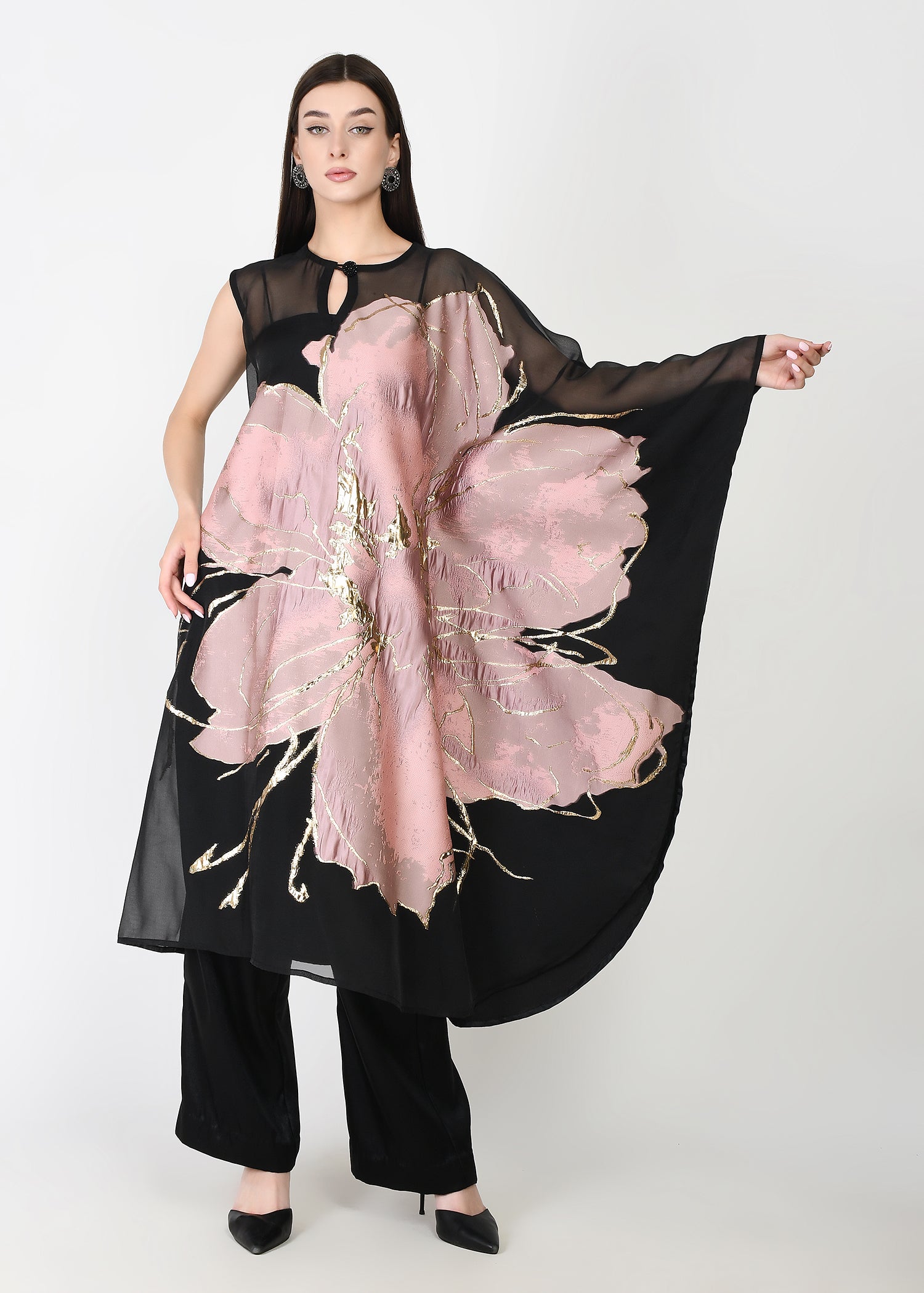 Blush Pink & Black Three Piece Kaftan Set