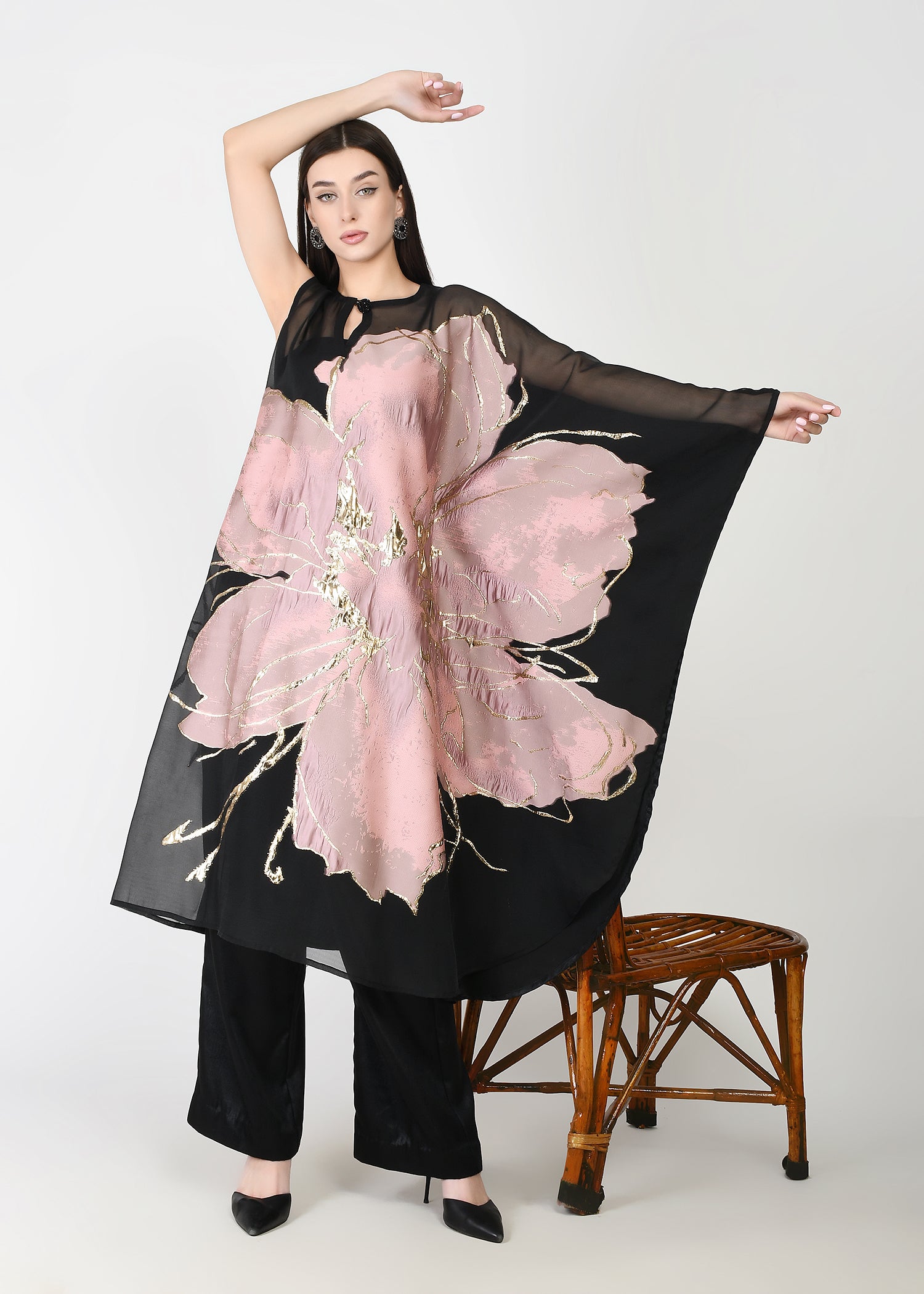 Blush Pink & Black Three Piece Kaftan Set