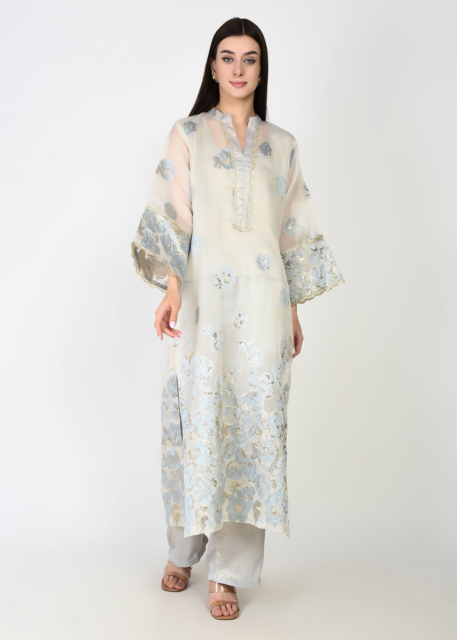 Powder Blue & Ivory Embellished Long Kurta Coord Set