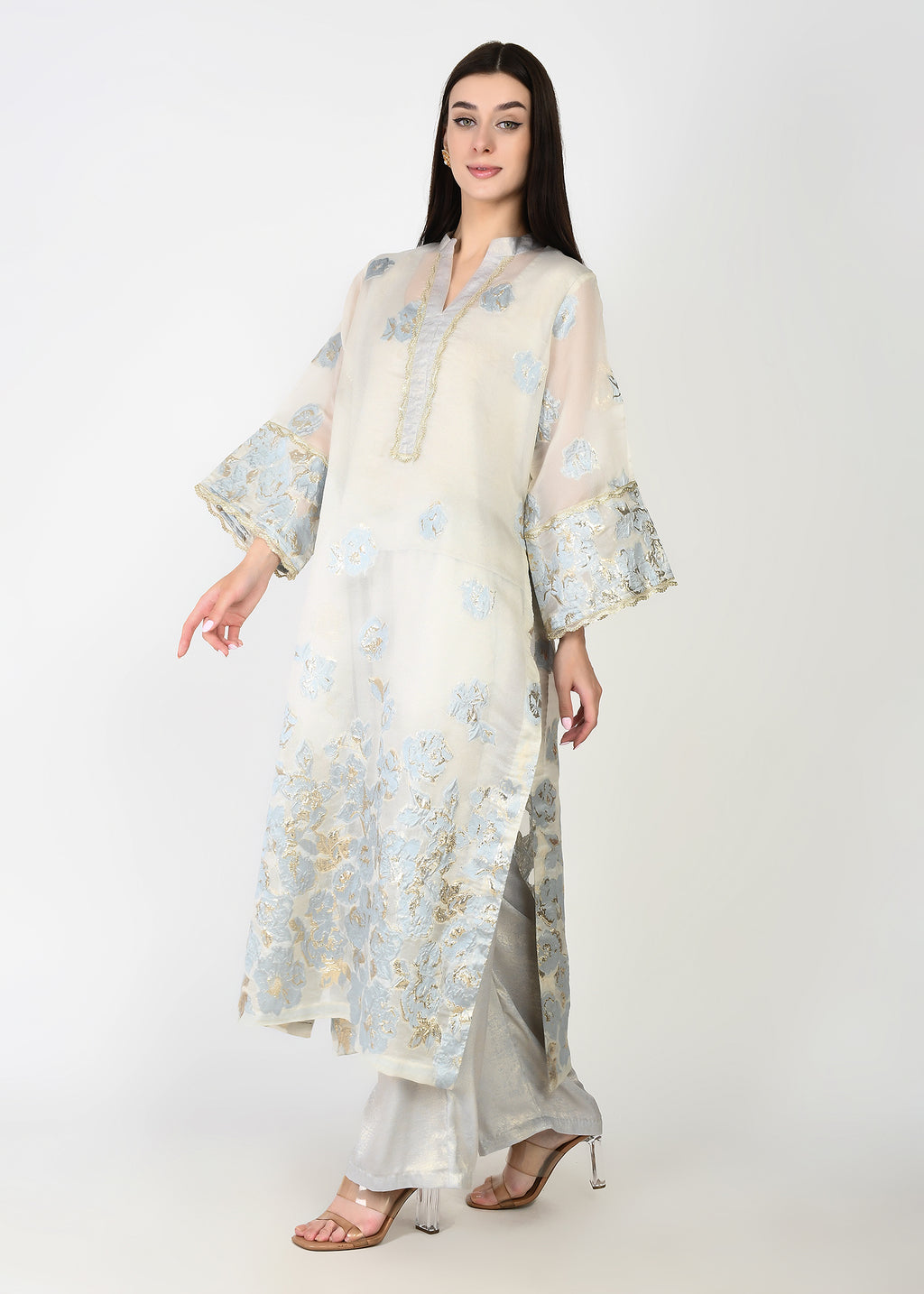 Powder Blue & Ivory Embellished Long Kurta Coord Set