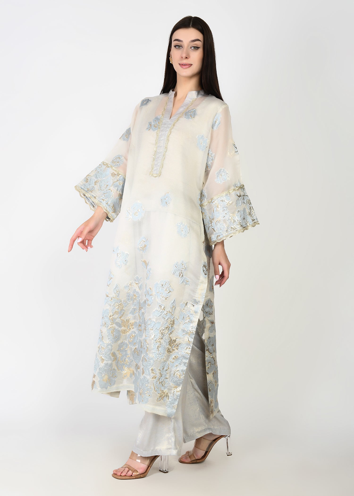 Powder Blue & Ivory Embellished Long Kurta Coord Set