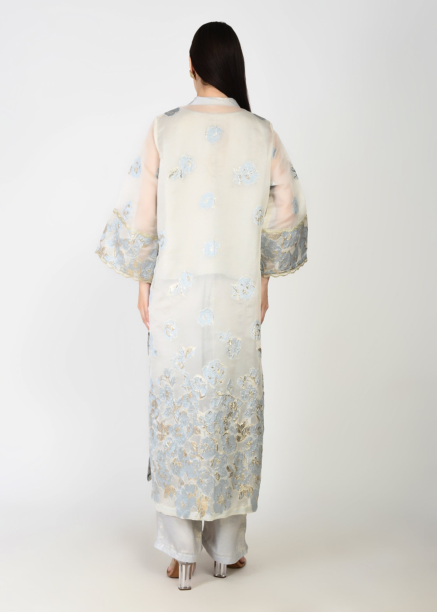Powder Blue & Ivory Embellished Long Kurta Coord Set