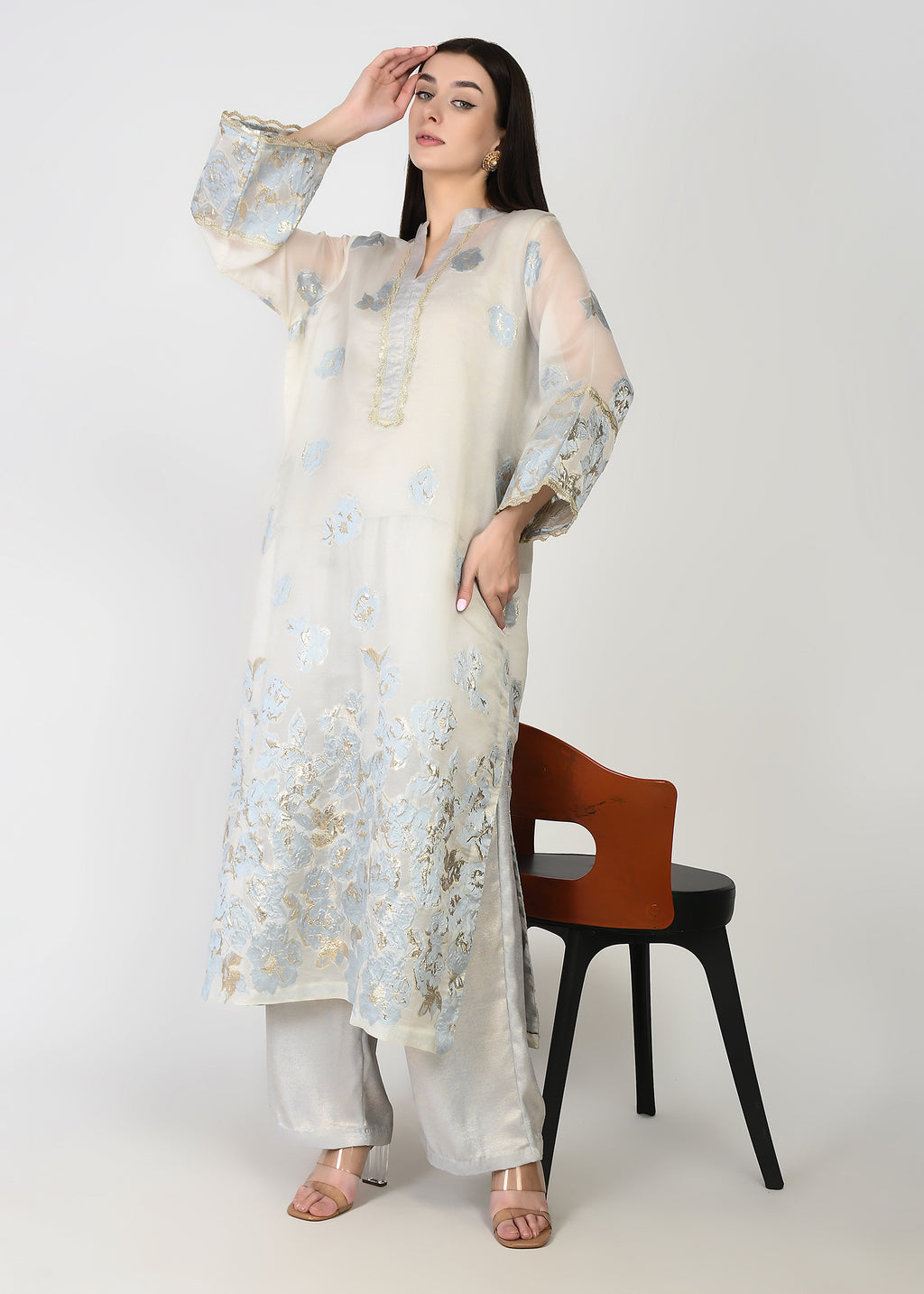 Powder Blue & Ivory Embellished Long Kurta Coord Set