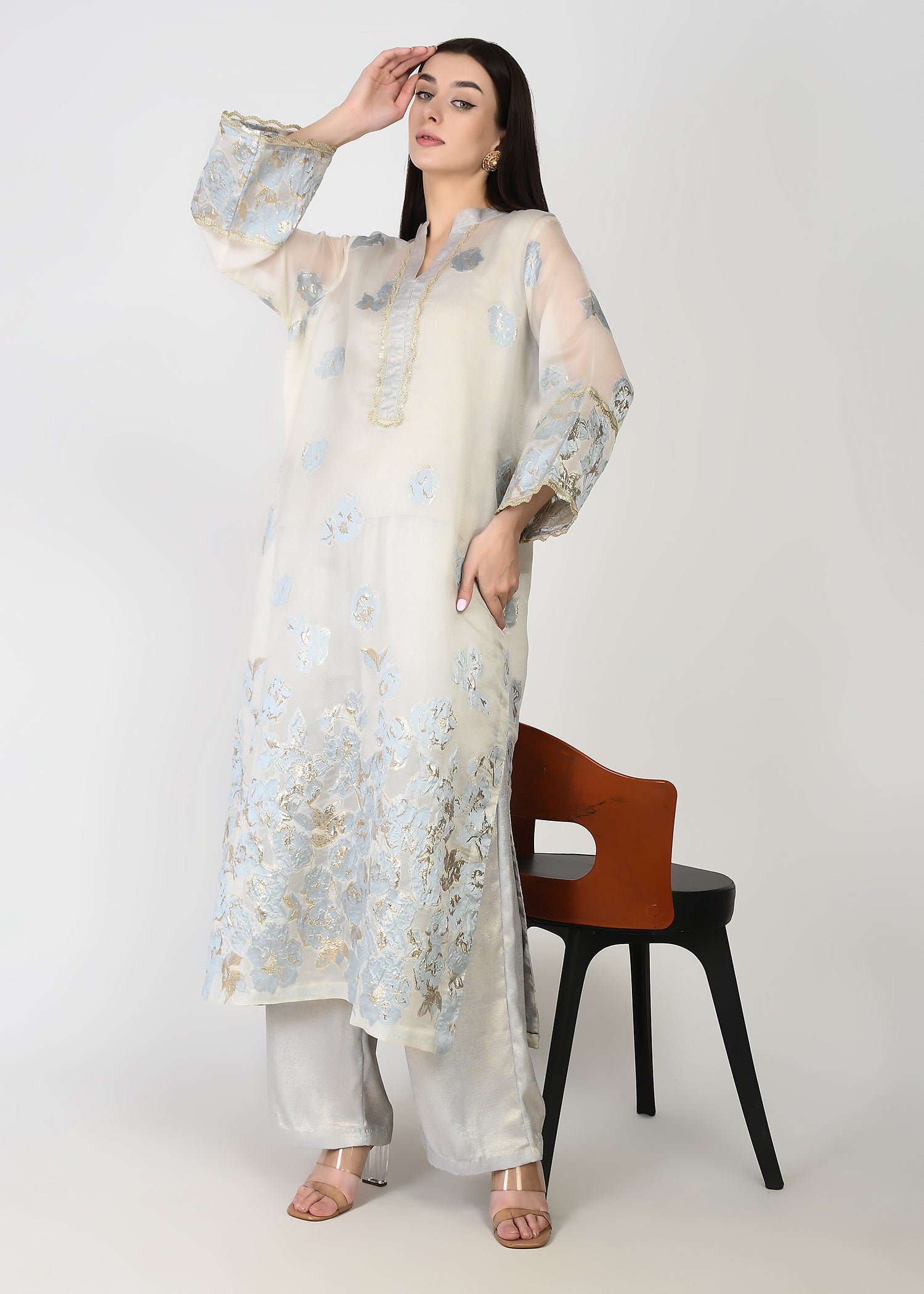 Powder Blue & Ivory Embellished Long Kurta Coord Set