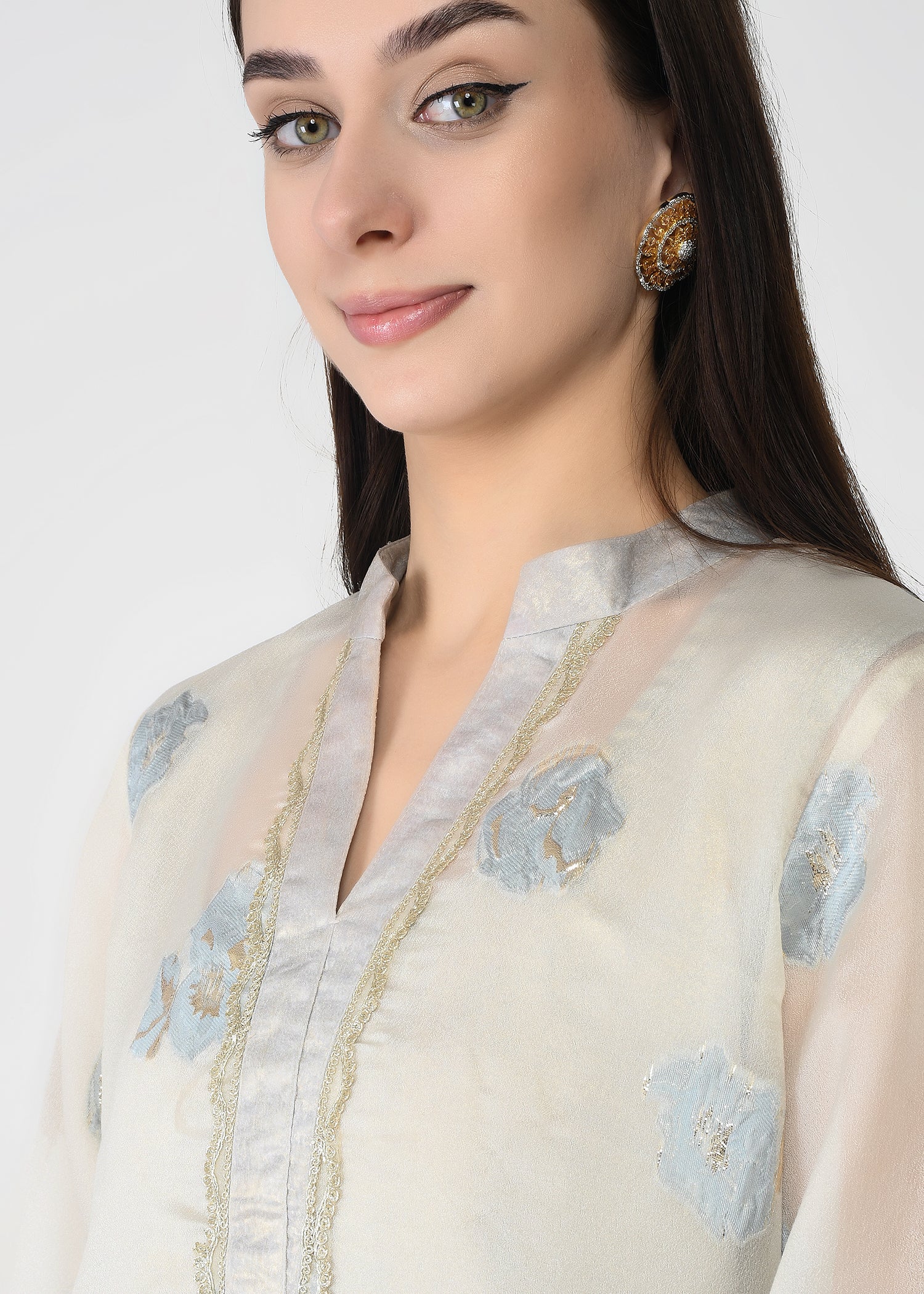 Powder Blue & Ivory Embellished Long Kurta Coord Set