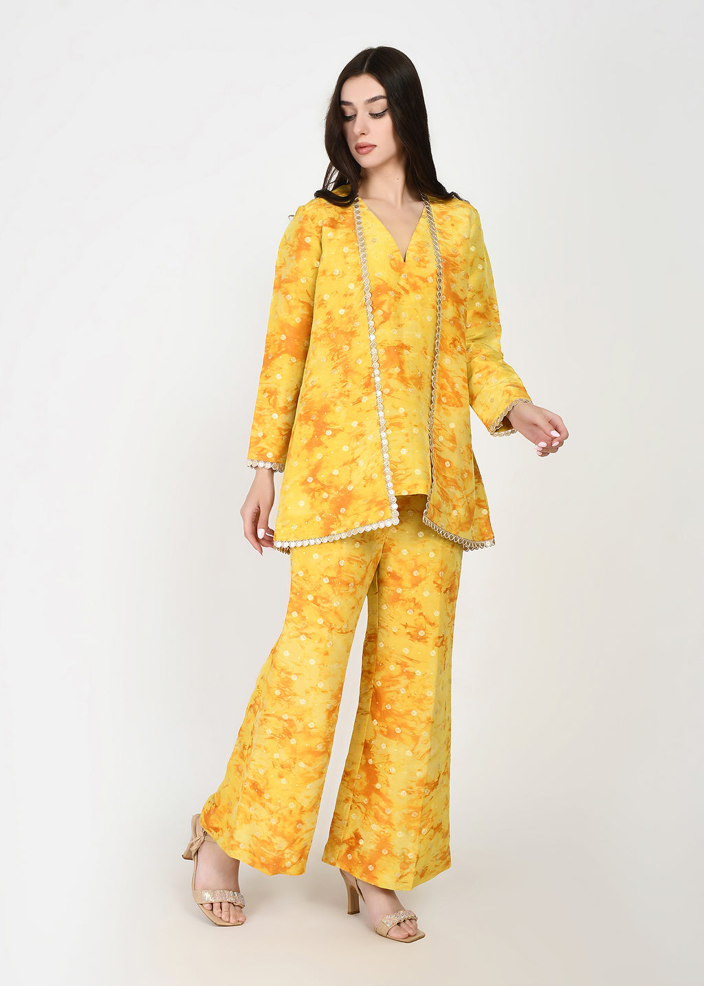 Sunrise Glow Yellow Three-Piece Kurta, Pant & Jacket Set