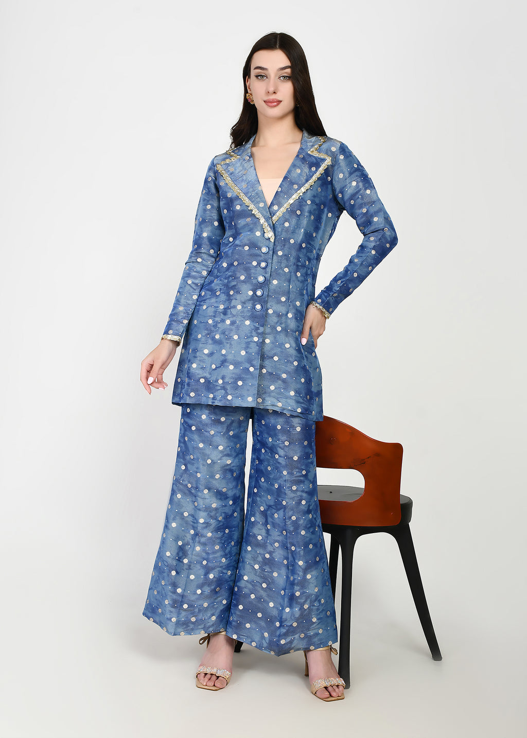 Celeste Blue Embellished Blazer-Style Kurta & Pants Set