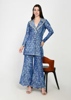Celeste Blue Embellished Blazer-Style Kurta & Pants Set