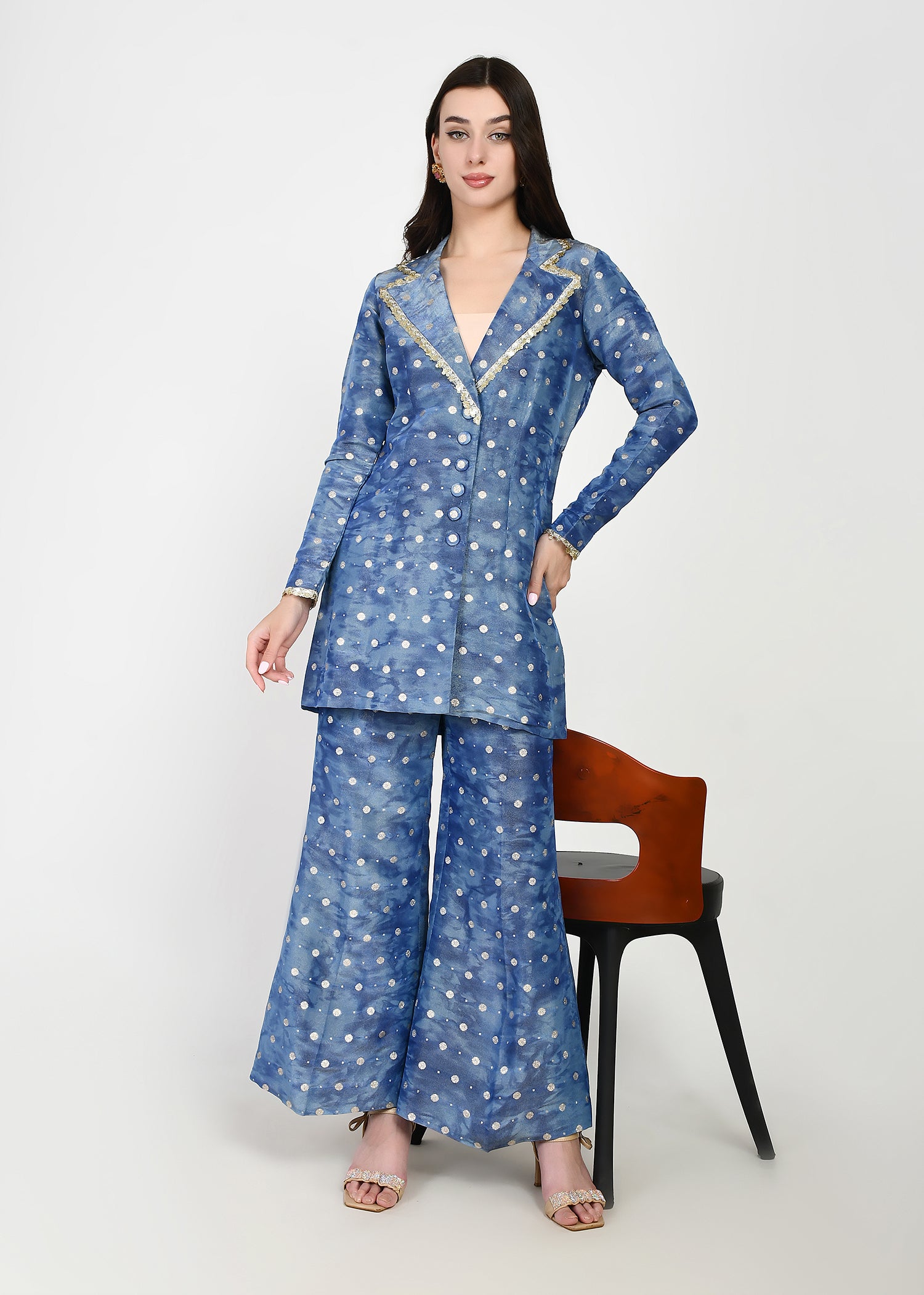 Celeste Blue Embellished Blazer-Style Kurta & Pants Set