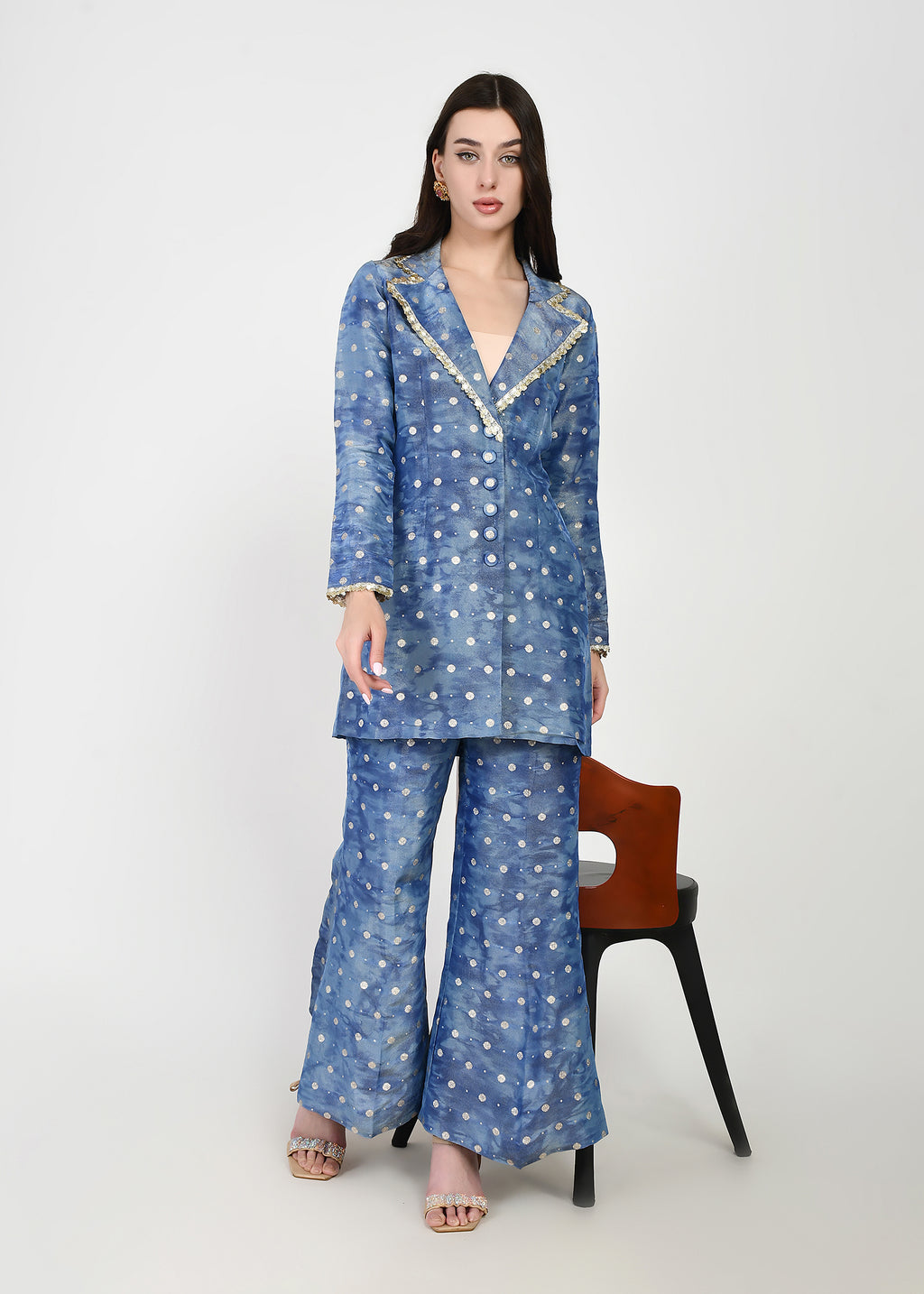Celeste Blue Embellished Blazer-Style Kurta & Pants Set