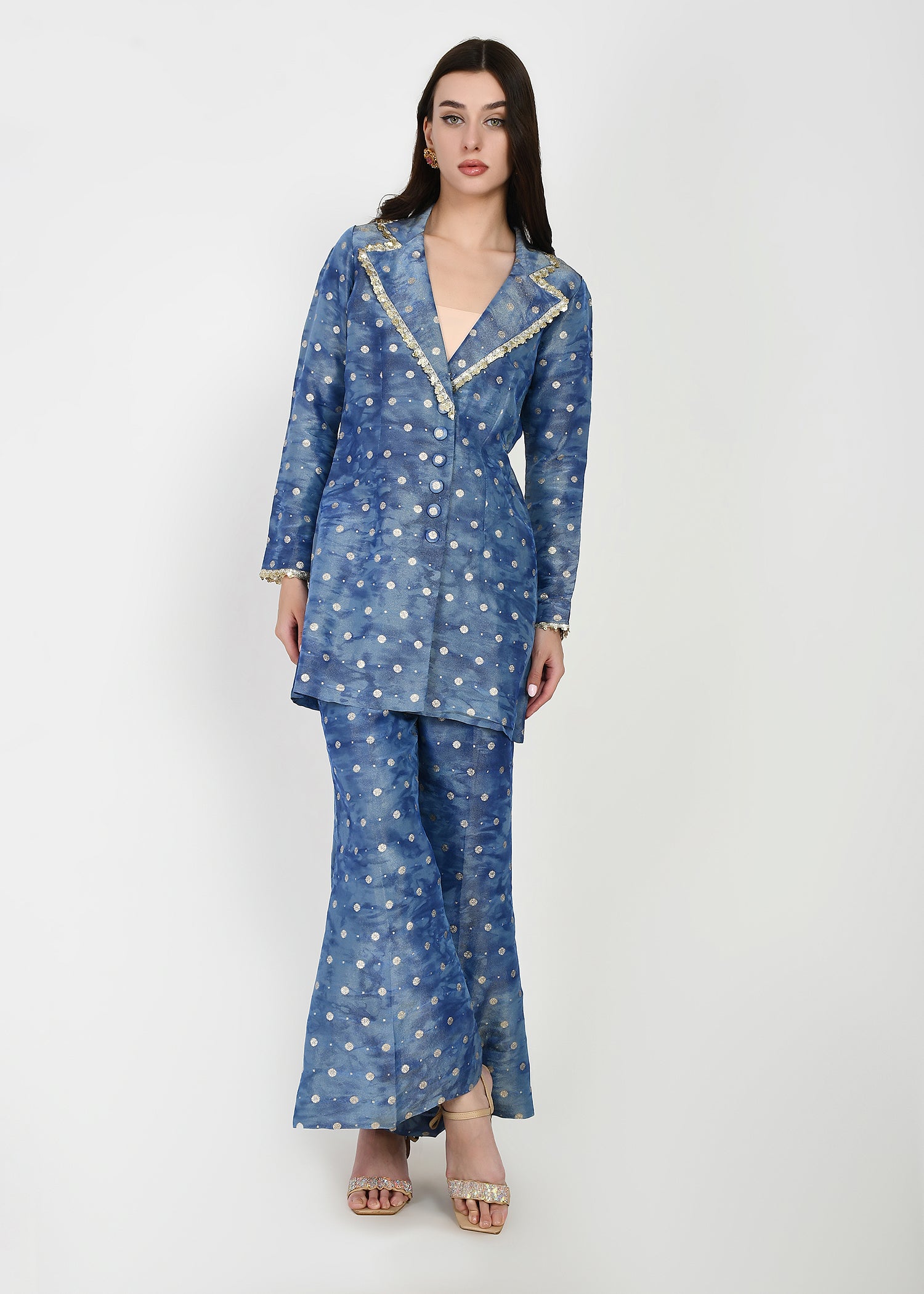 Celeste Blue Embellished Blazer-Style Kurta & Pants Set