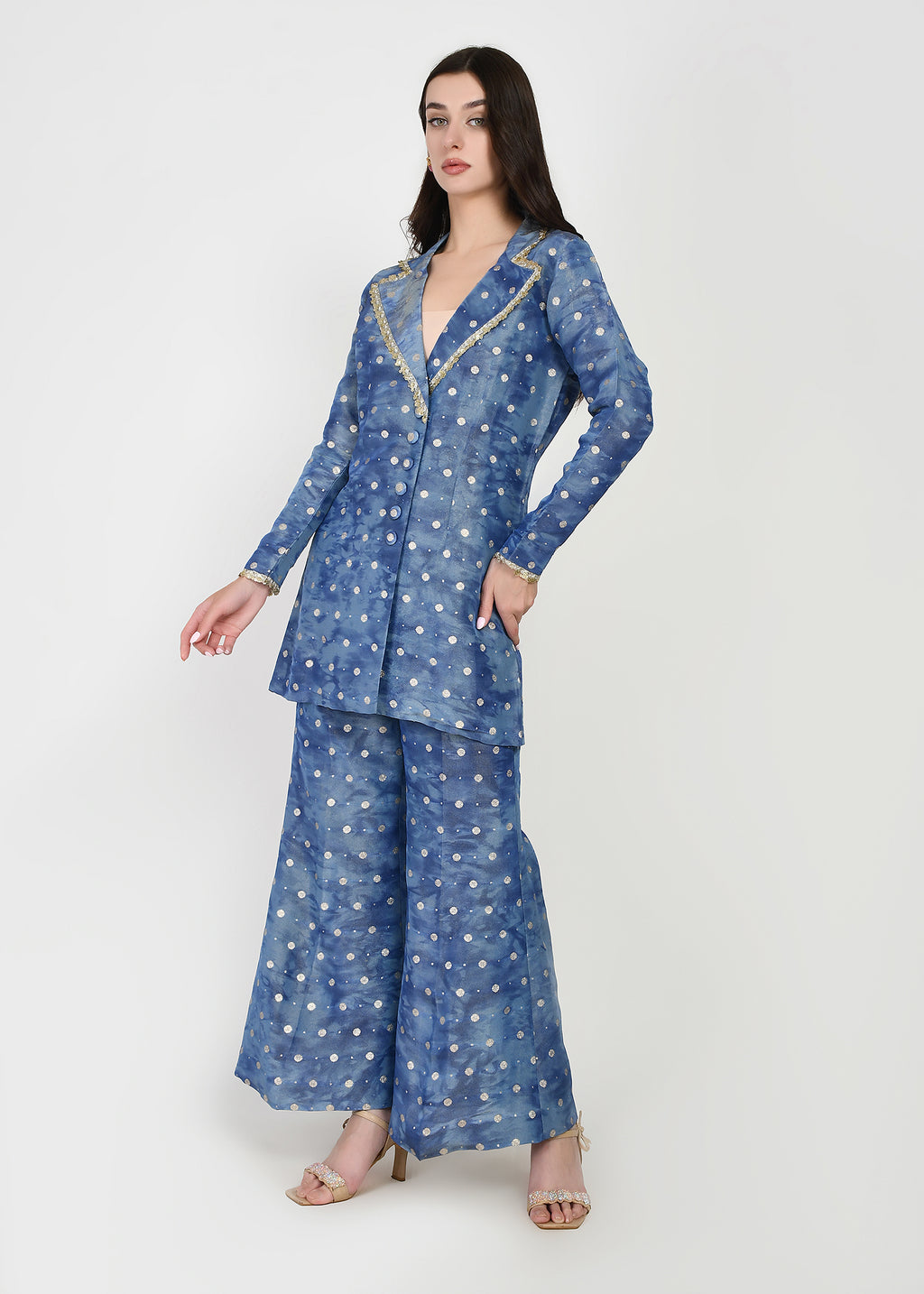 Celeste Blue Embellished Blazer-Style Kurta & Pants Set