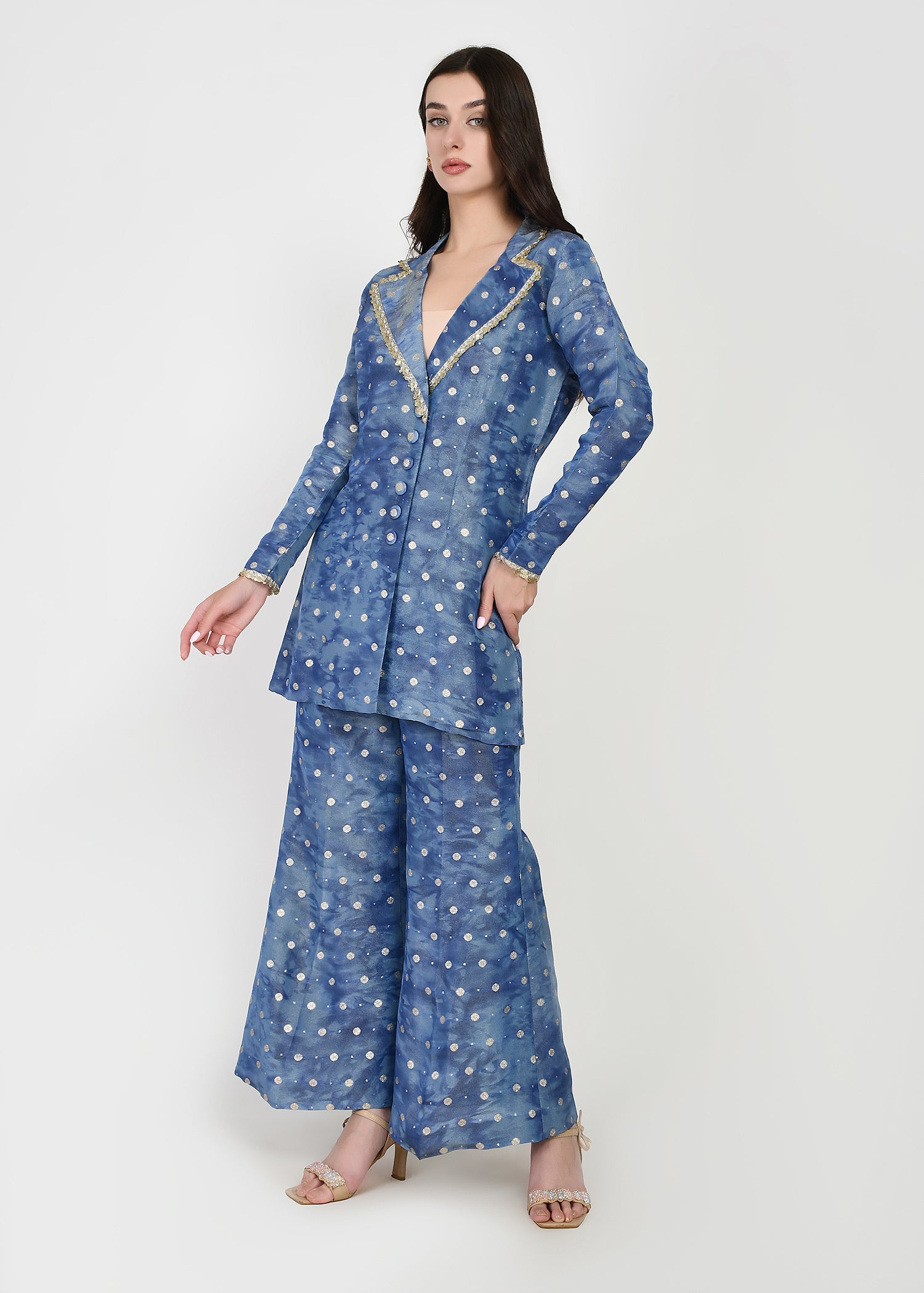 Celeste Blue Embellished Blazer-Style Kurta & Pants Set