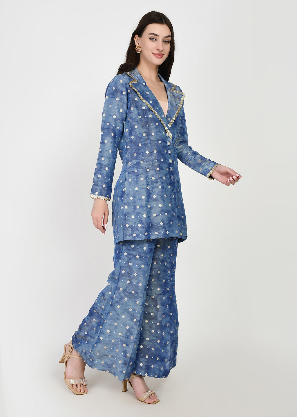 Celeste Blue Embellished Blazer-Style Kurta & Pants Set