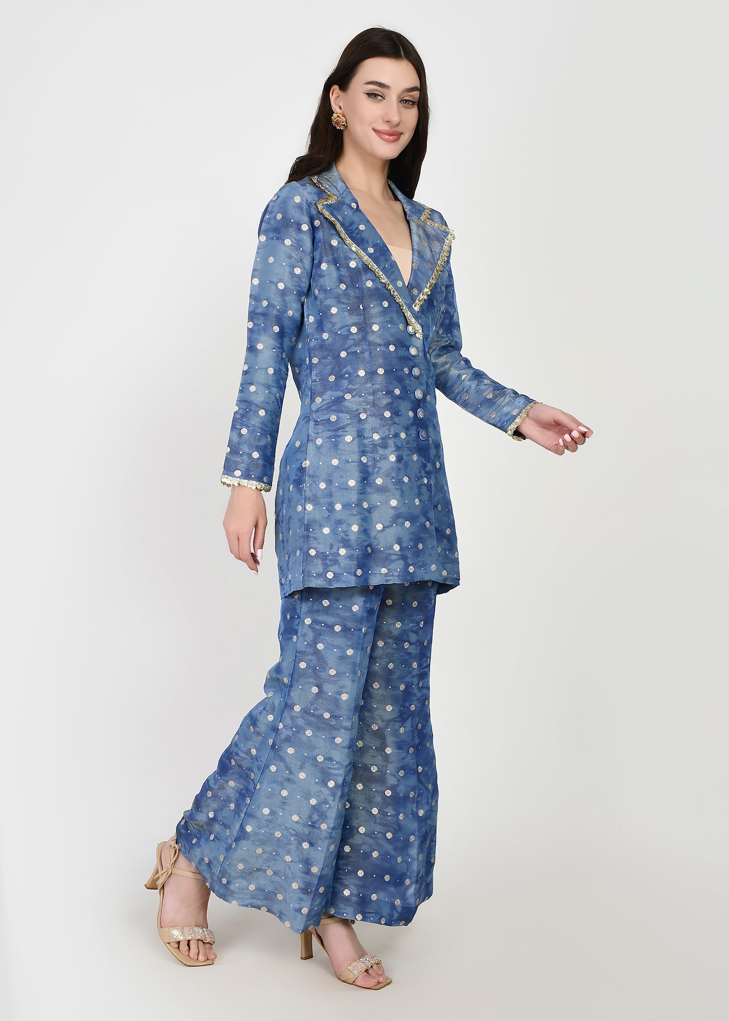 Celeste Blue Embellished Blazer-Style Kurta & Pants Set