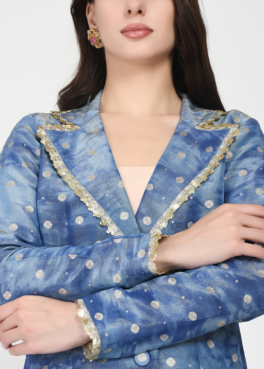 Celeste Blue Embellished Blazer-Style Kurta & Pants Set