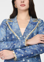 Celeste Blue Embellished Blazer-Style Kurta & Pants Set