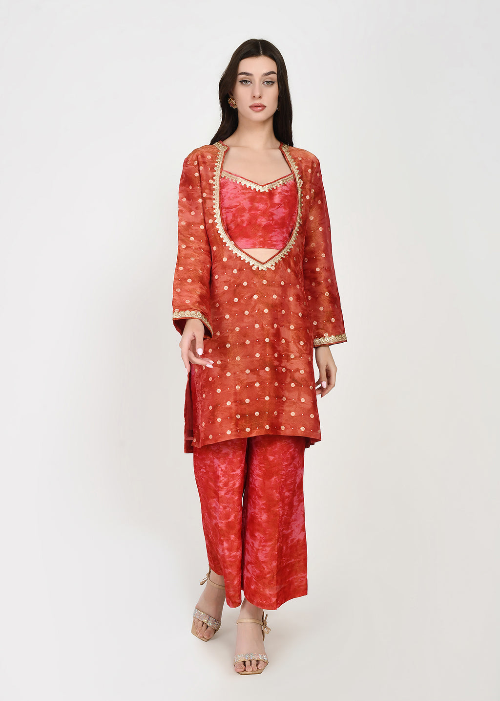 Scarlet Rose Embellished Three-Piece Kurta, Crop-Top & Pants Set