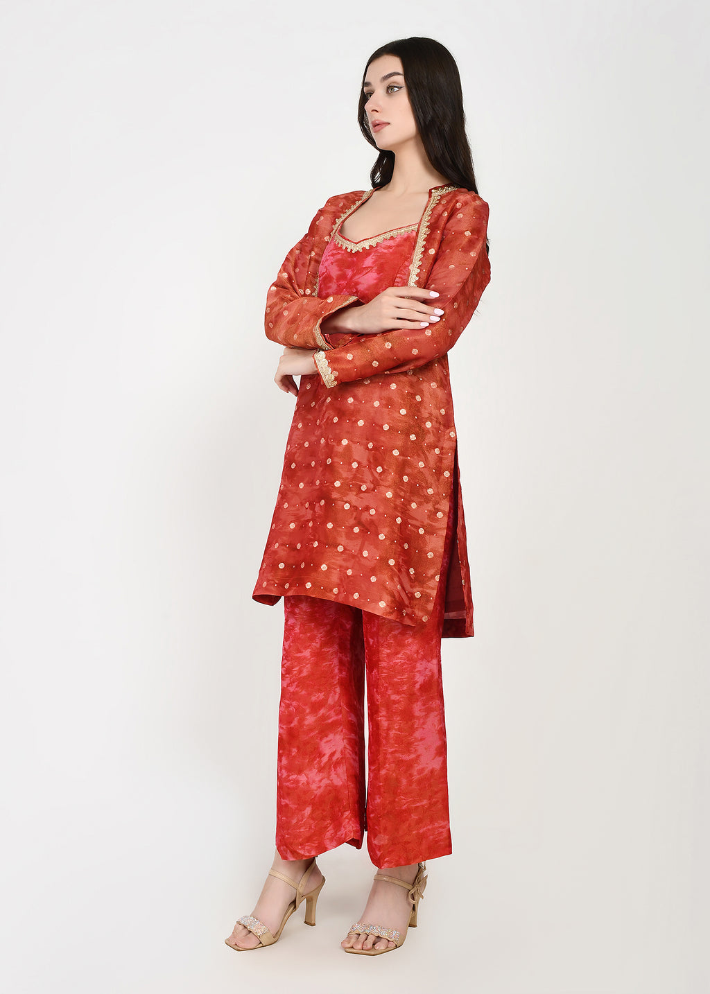 Scarlet Rose Embellished Three-Piece Kurta, Crop-Top & Pants Set