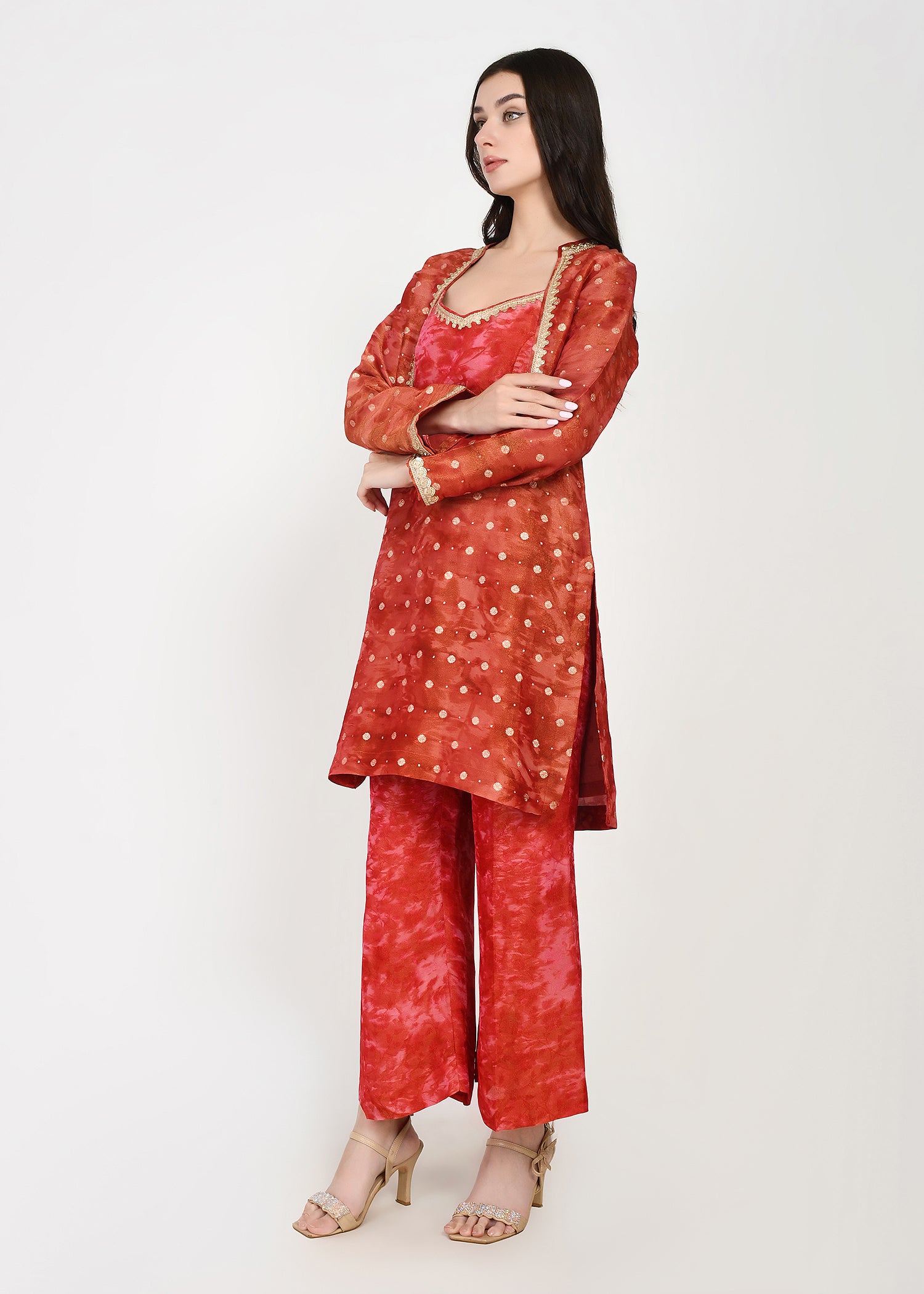 Scarlet Rose Embellished Three-Piece Kurta, Crop-Top & Pants Set