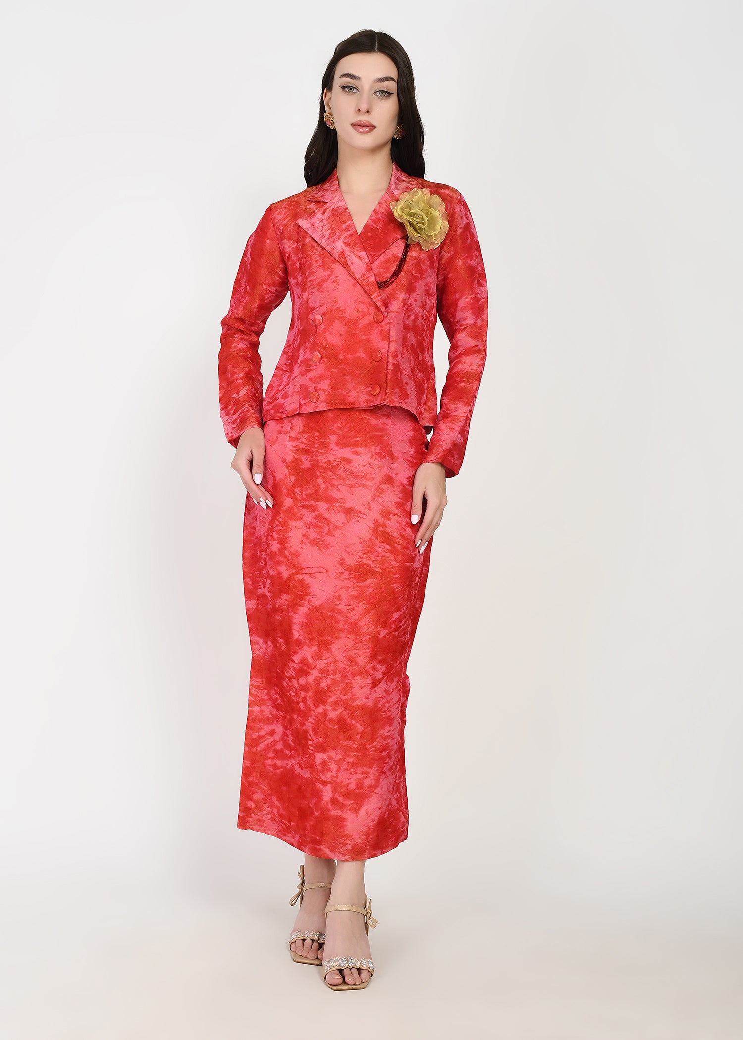 Crimson Red Crop Blazer & Straight Skirt Set