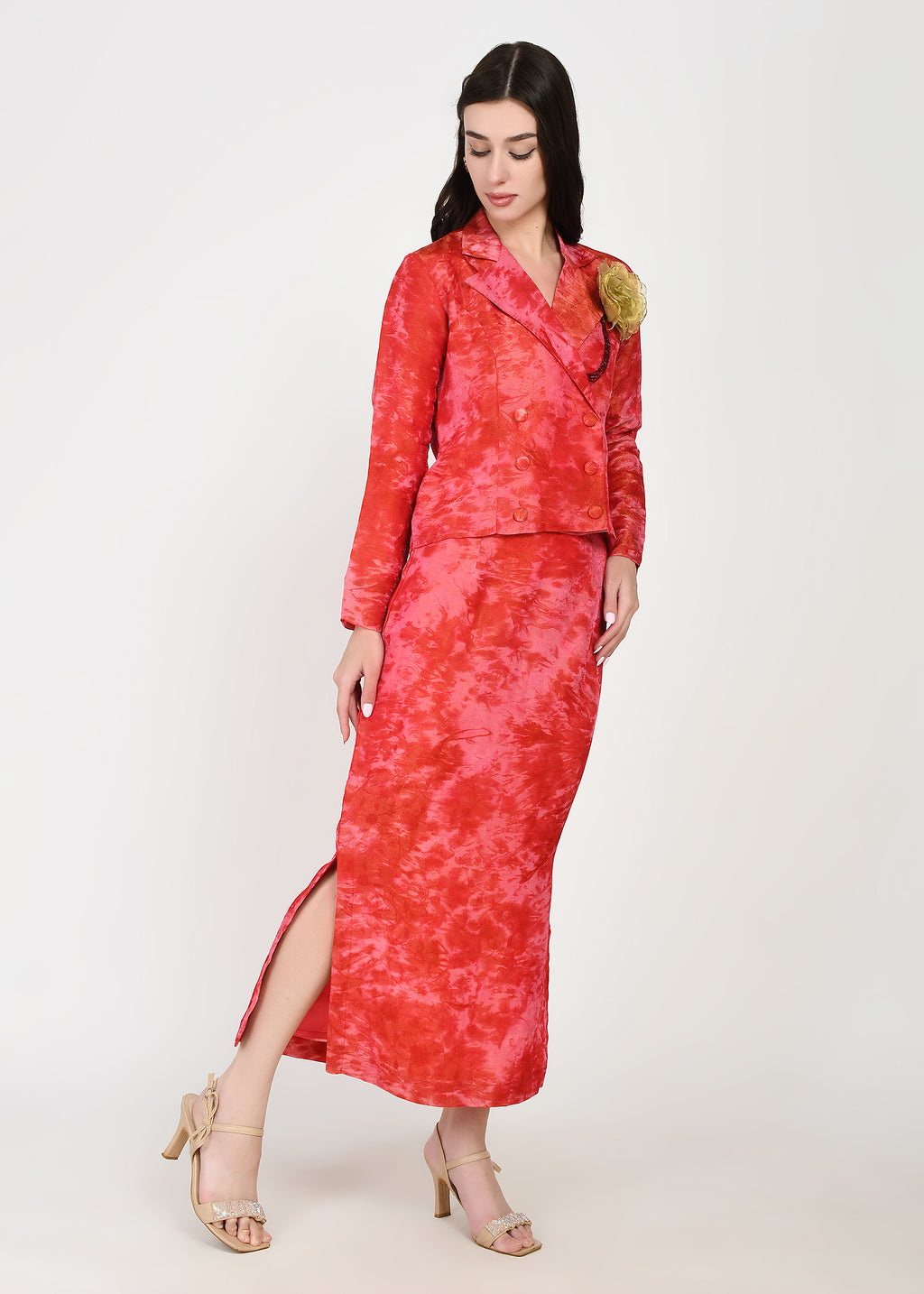 Crimson Red Crop Blazer & Straight Skirt Set